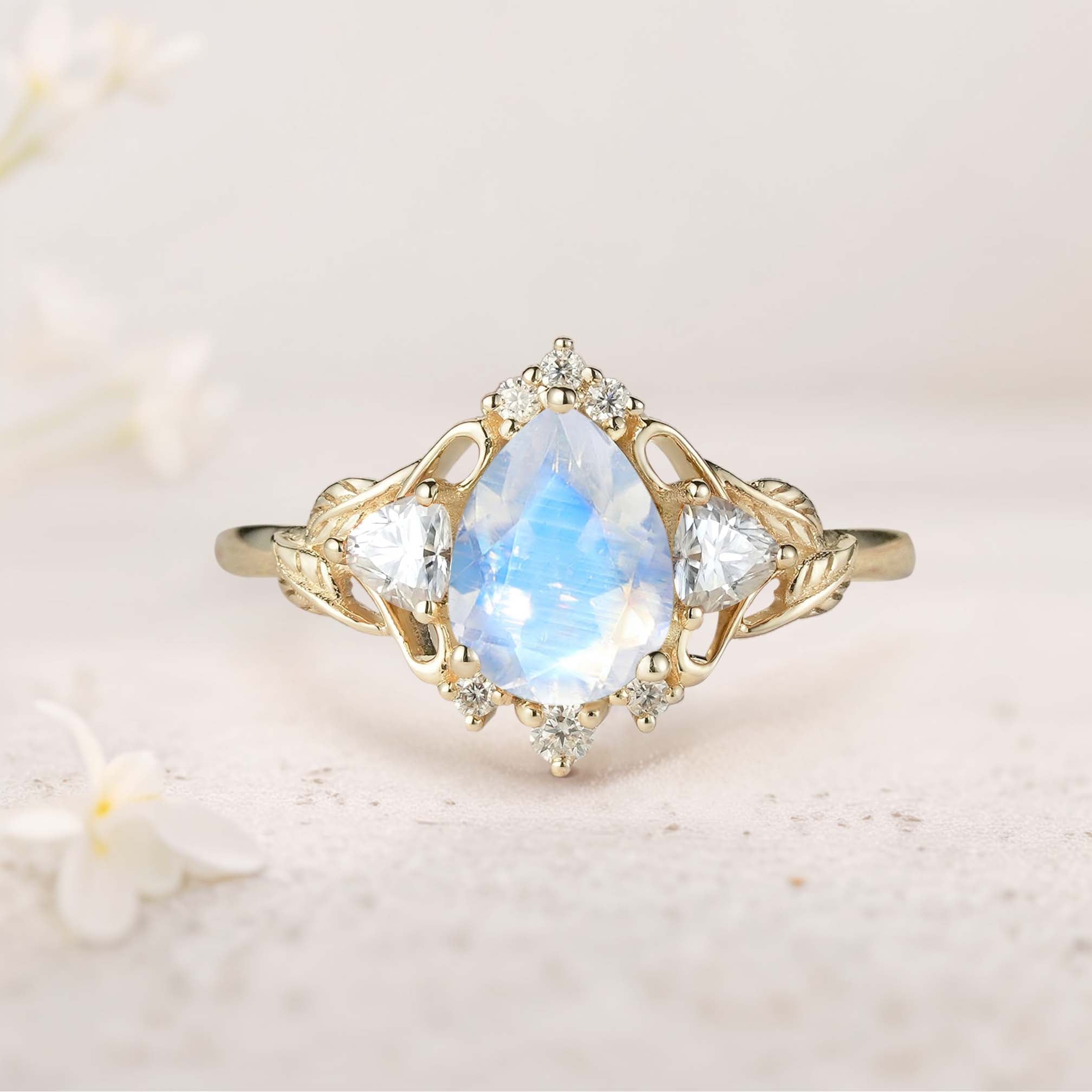 Unique Pear Lab Moonstone and Moissanite side stones Leaf Ring 18K Yellow Gold Engagement Ring