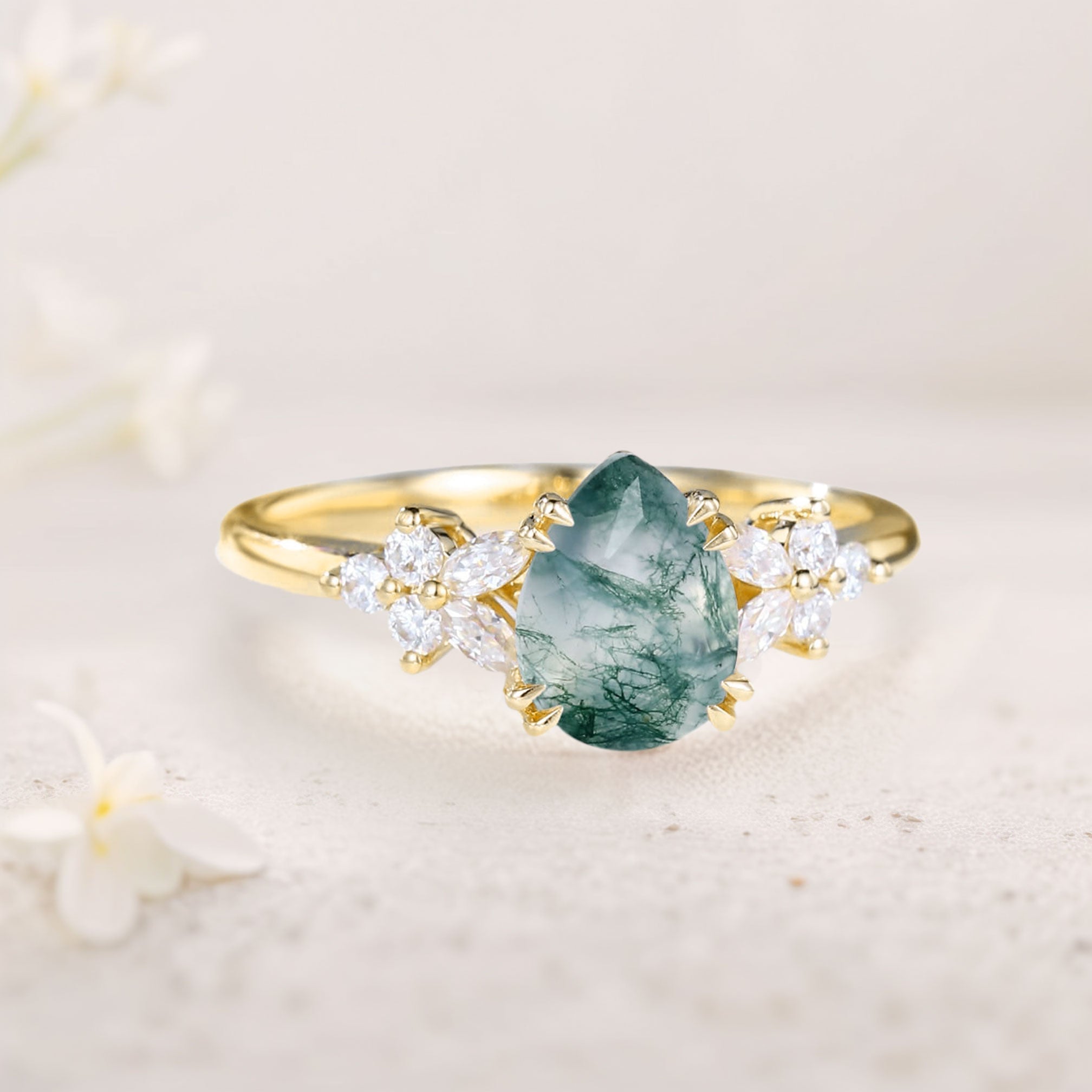 Vintage Pear Moss Agate Twisted 18K Yellow Gold Engagement Ring