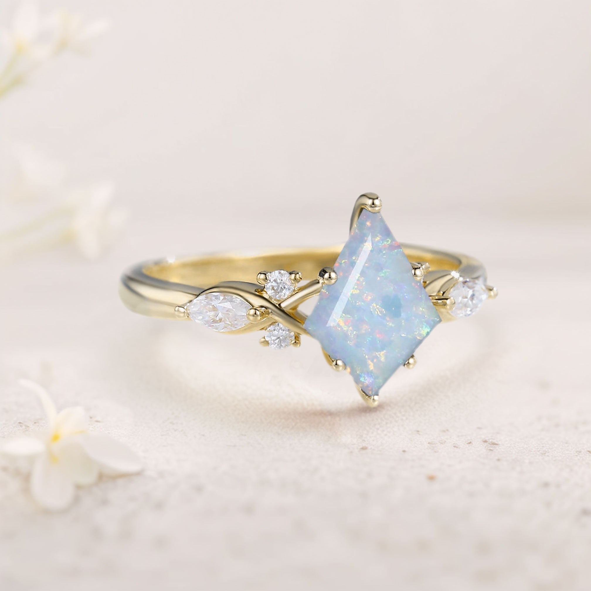 Unique Kite Lab Opal 18K White Gold Engagement Ring Art Deco Promise Ring