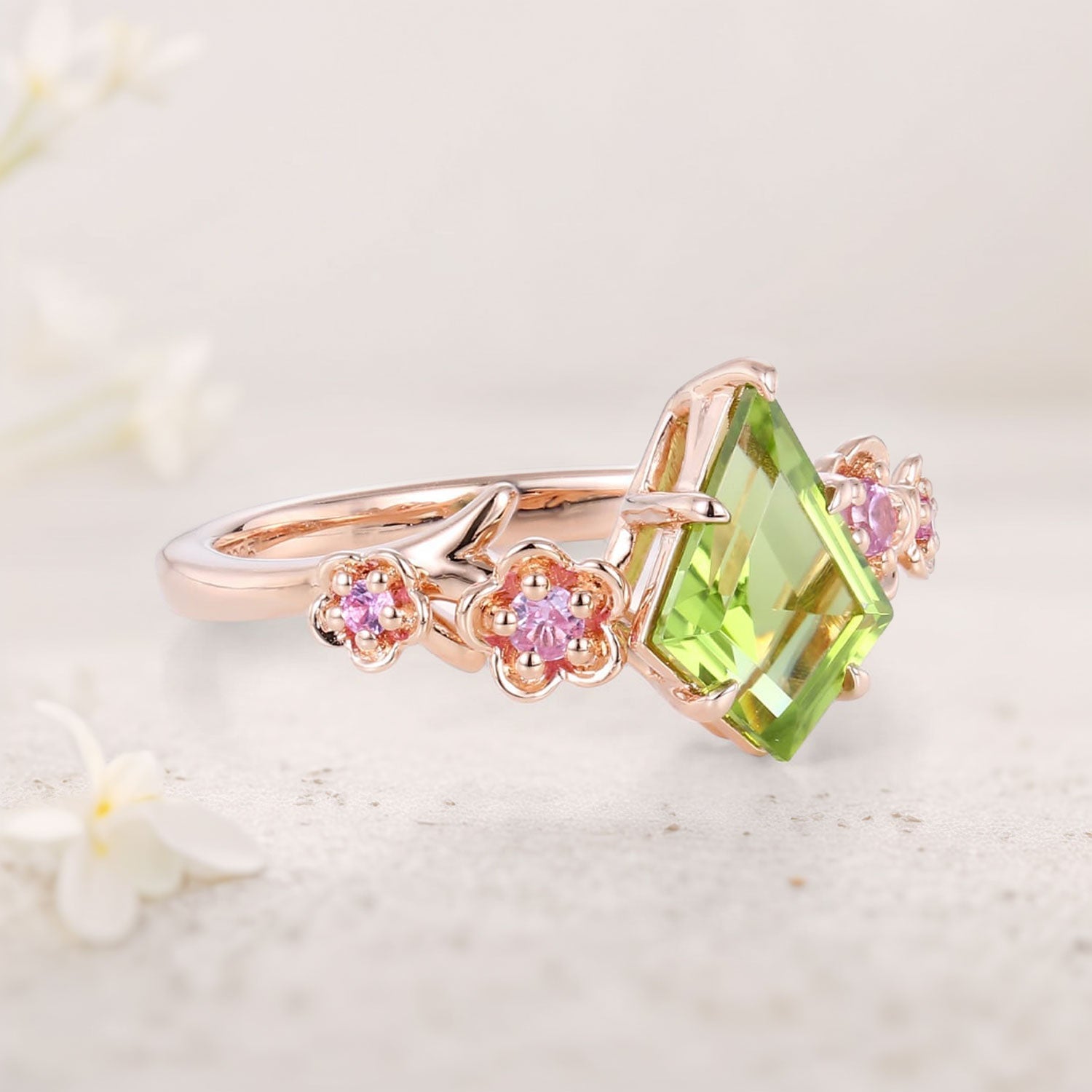 Unique Kite Peridot Blossom 18K Rose Gold Engagement Ring Charming Flora Bridal Ring