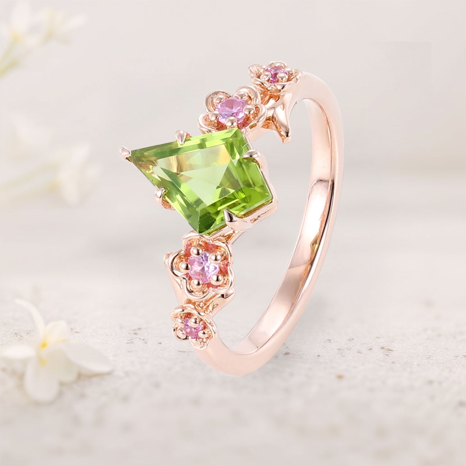 Unique Kite Peridot Blossom 18K Rose Gold Engagement Ring Charming Flora Bridal Ring
