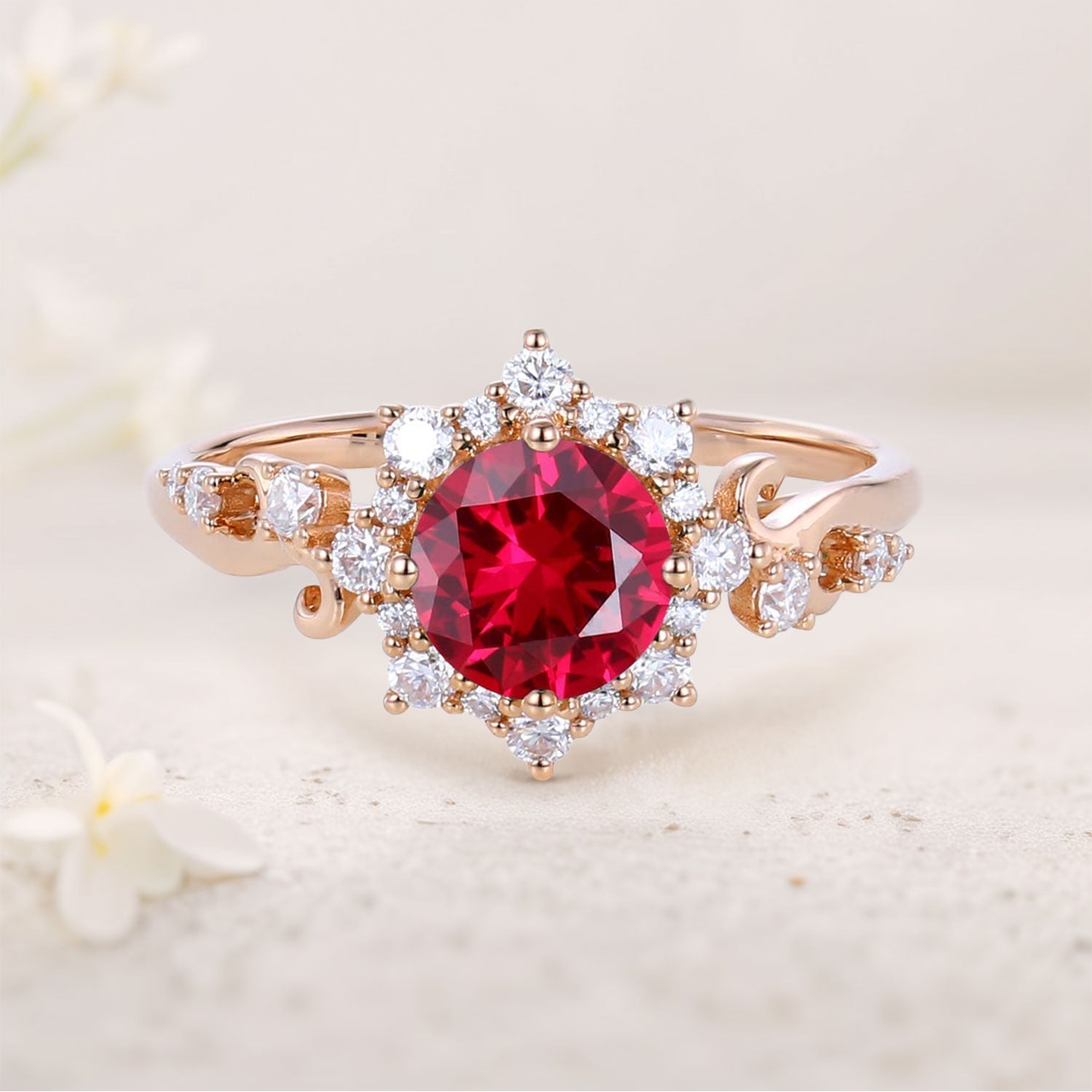 Unique Round Lab Ruby Halo 18K Yellow Gold Engagement Ring Romantic Elegance Ring