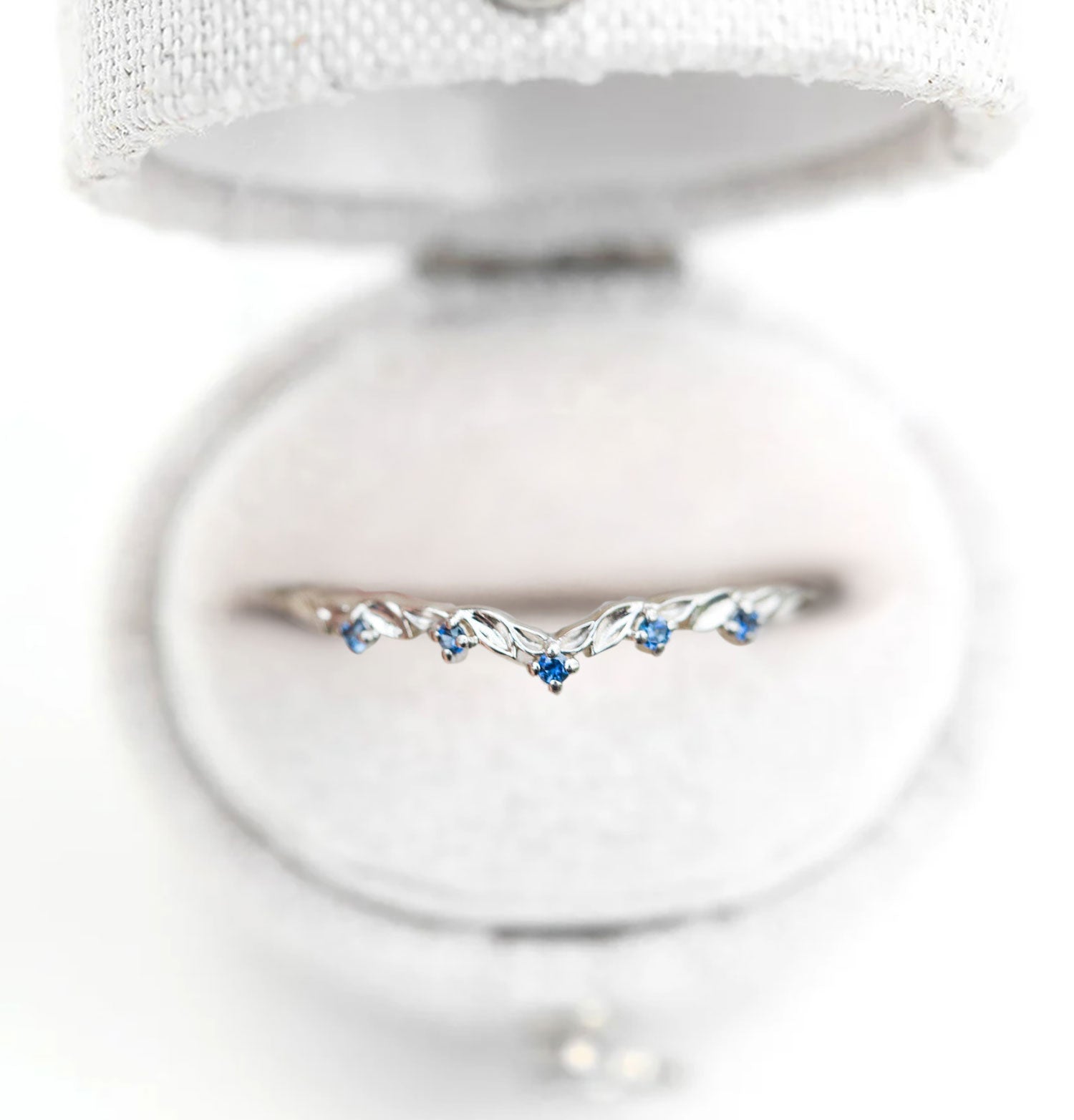 Unique floral engagement rings Round Lab Sapphire Wedding Band 18K White Gold Engagement Ring