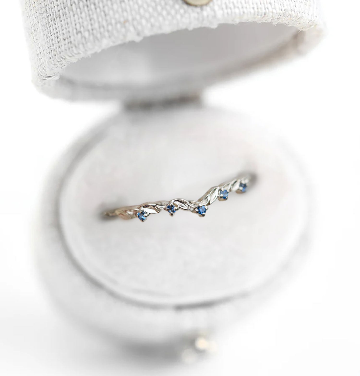 Unique floral engagement rings Round Lab Sapphire Wedding Band 18K White Gold Engagement Ring