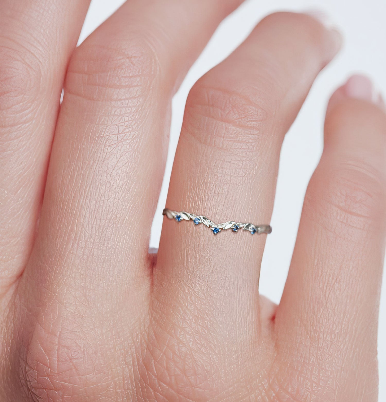 Unique floral engagement rings Round Lab Sapphire Wedding Band 18K White Gold Engagement Ring