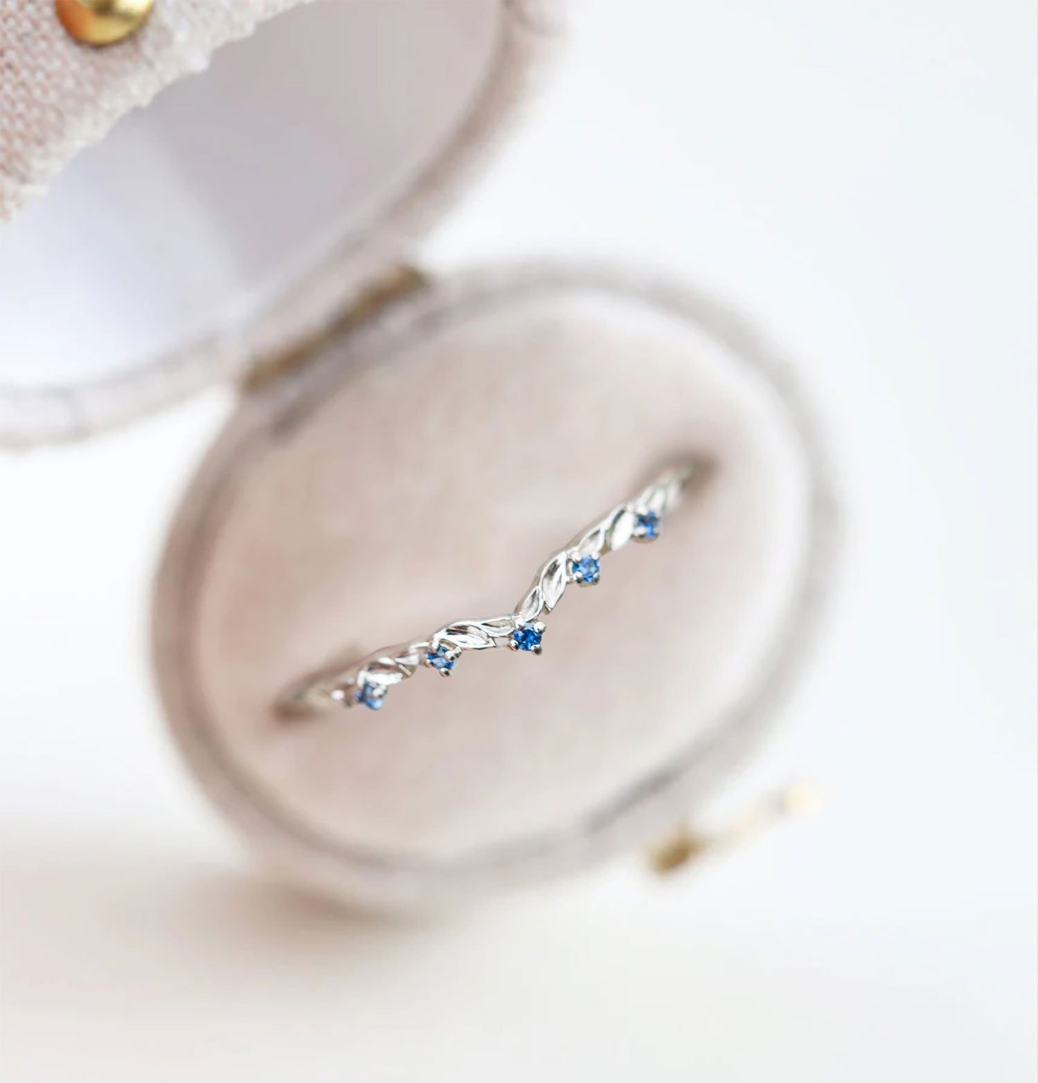 Unique floral engagement rings Round Lab Sapphire Wedding Band 18K White Gold Engagement Ring