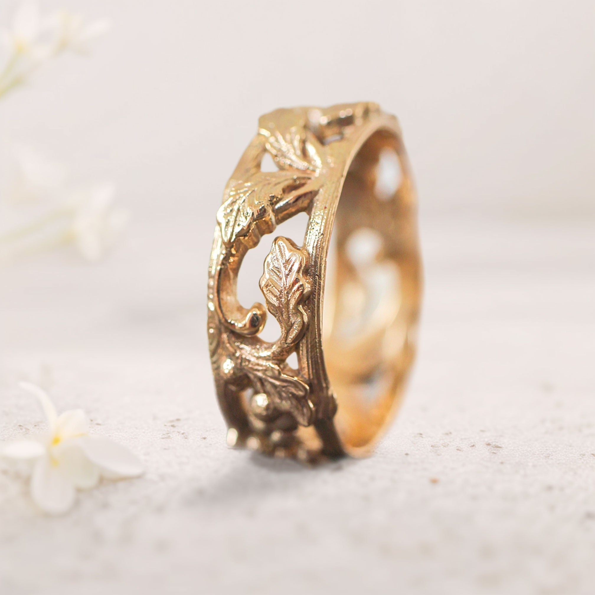 Unique floral 18K Rose Gold engagement rings Oak Leaves and Acorns Ring Wedding Band For Men