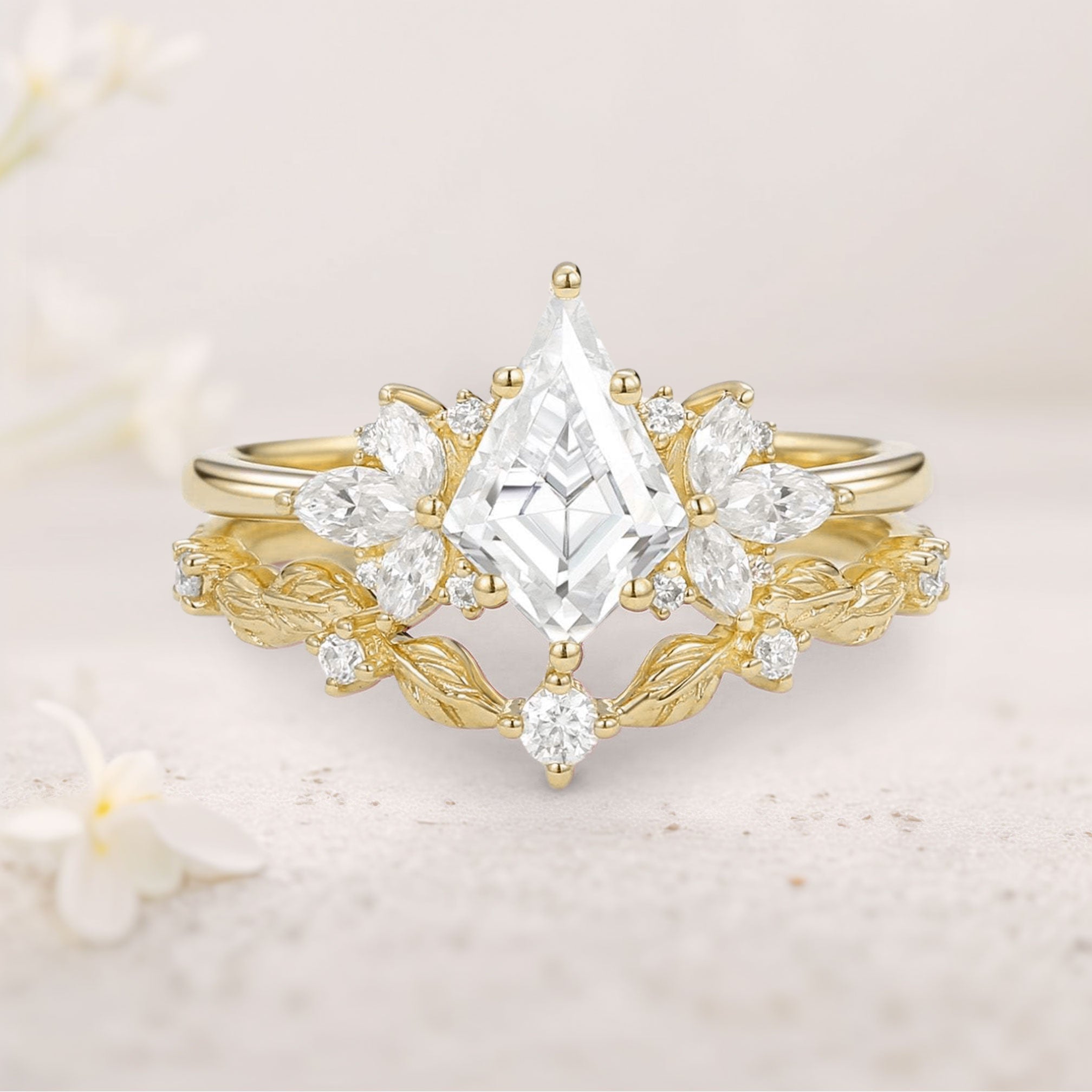 Unique floral engagement rings Kite Moissanite 18K Yellow Gold Butterfly Cluster Ring Set