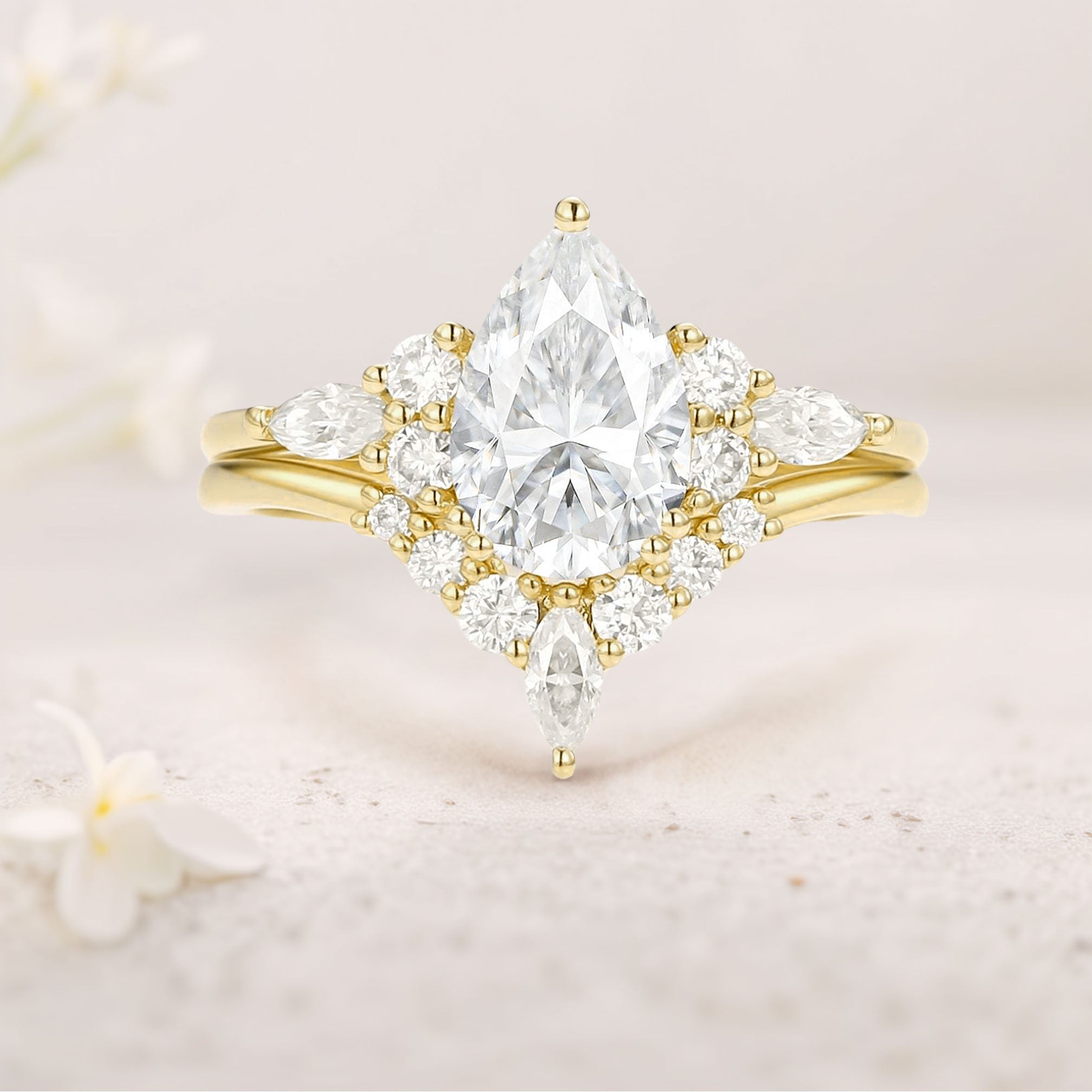 Unique floral engagement rings Pear Moissanite Bridal Ring Cluster 18K Yellow Gold Engagement Ring Set