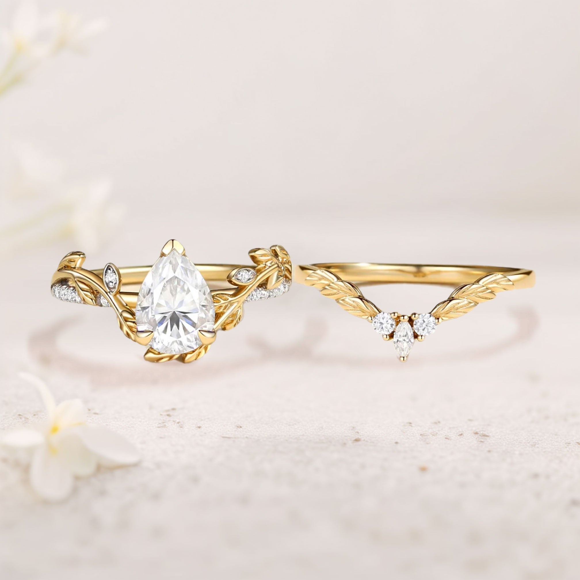 Unique floral 18K Yellow Gold engagement rings Pear Moissanite Nature Inspired Leafy Bridal Set