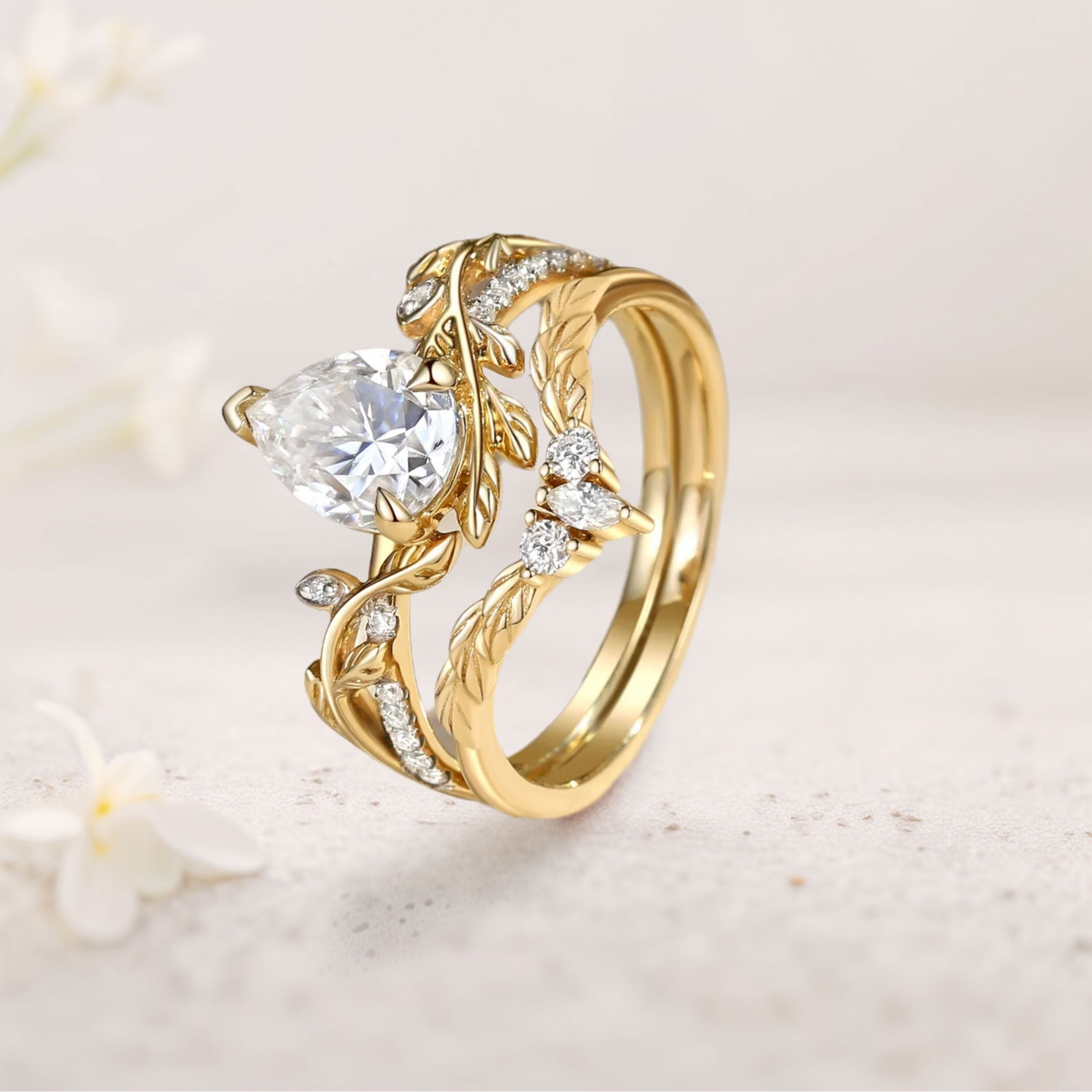 Unique floral 18K Yellow Gold engagement rings Pear Moissanite Nature Inspired Leafy Bridal Set