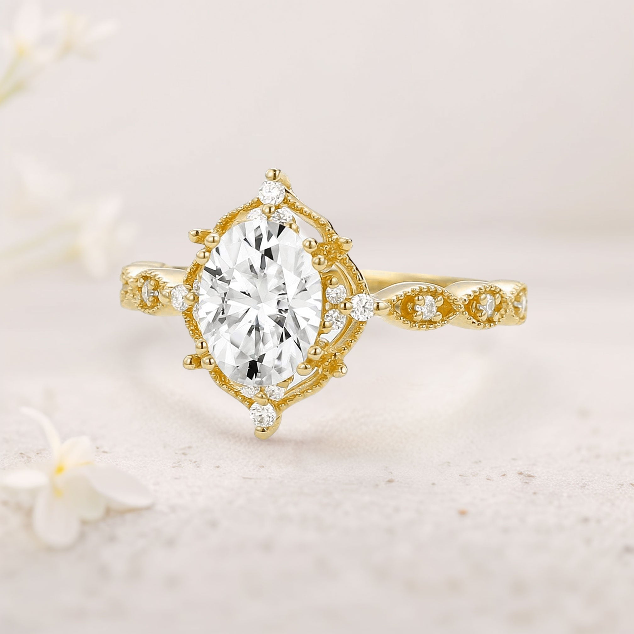 Vintage floral engagement rings Oval 18K Yellow Gold Moissanite Ring Wedding Ring