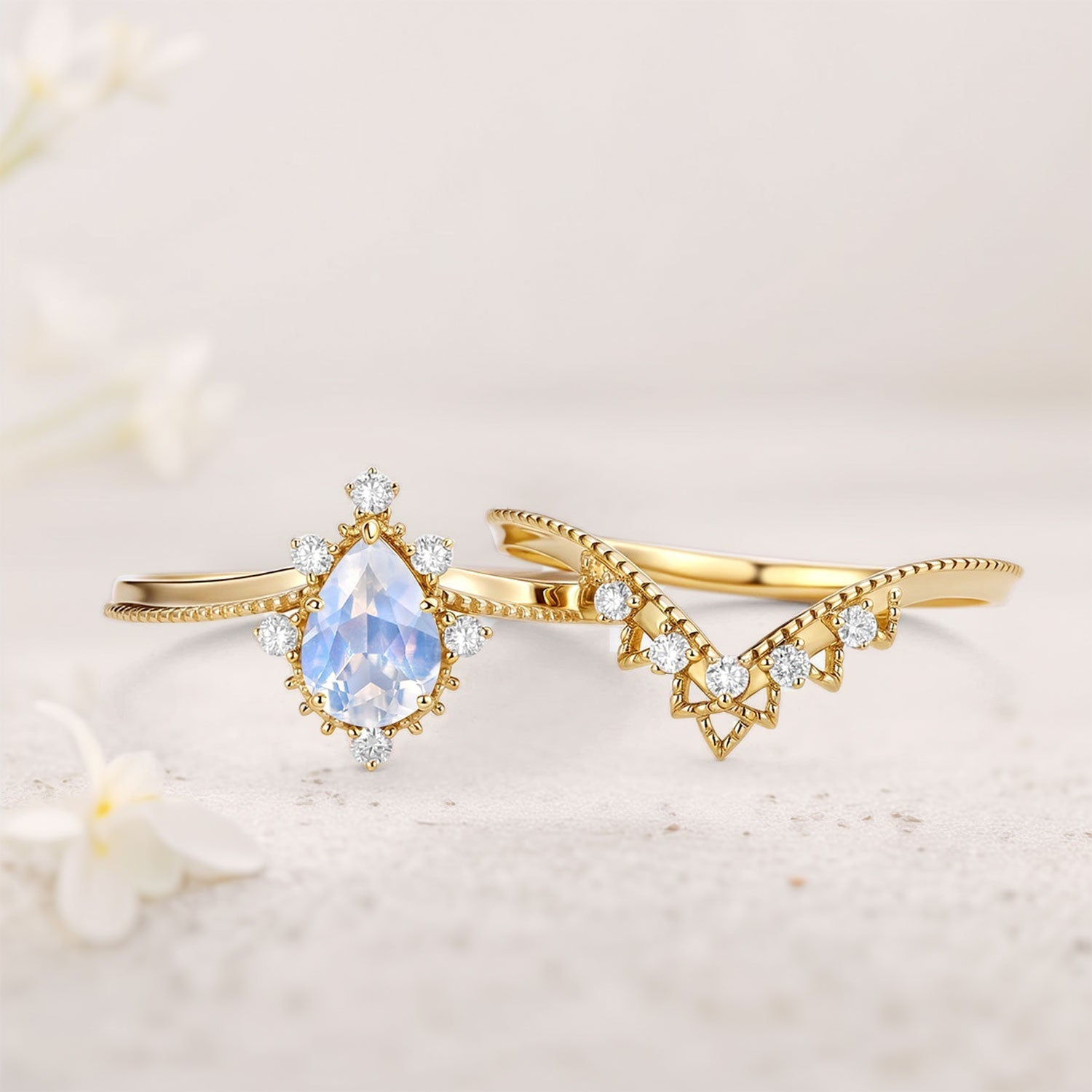 Vintage Pear Lab Moonstone and Moissanite 18K Yellow Gold Chevron Ring Set Bridal Set