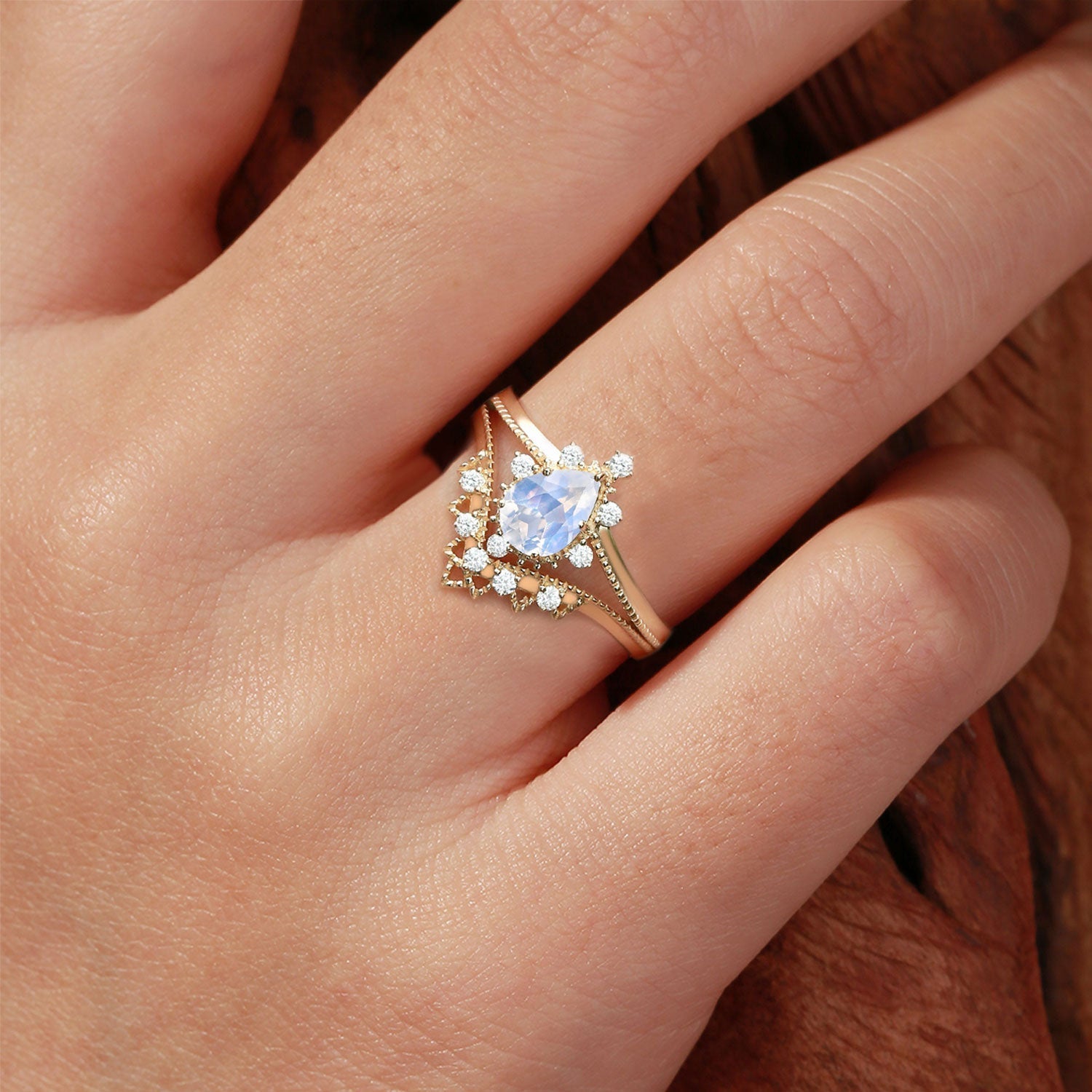 Vintage Pear Lab Moonstone and Moissanite 18K Yellow Gold Chevron Ring Set Bridal Set