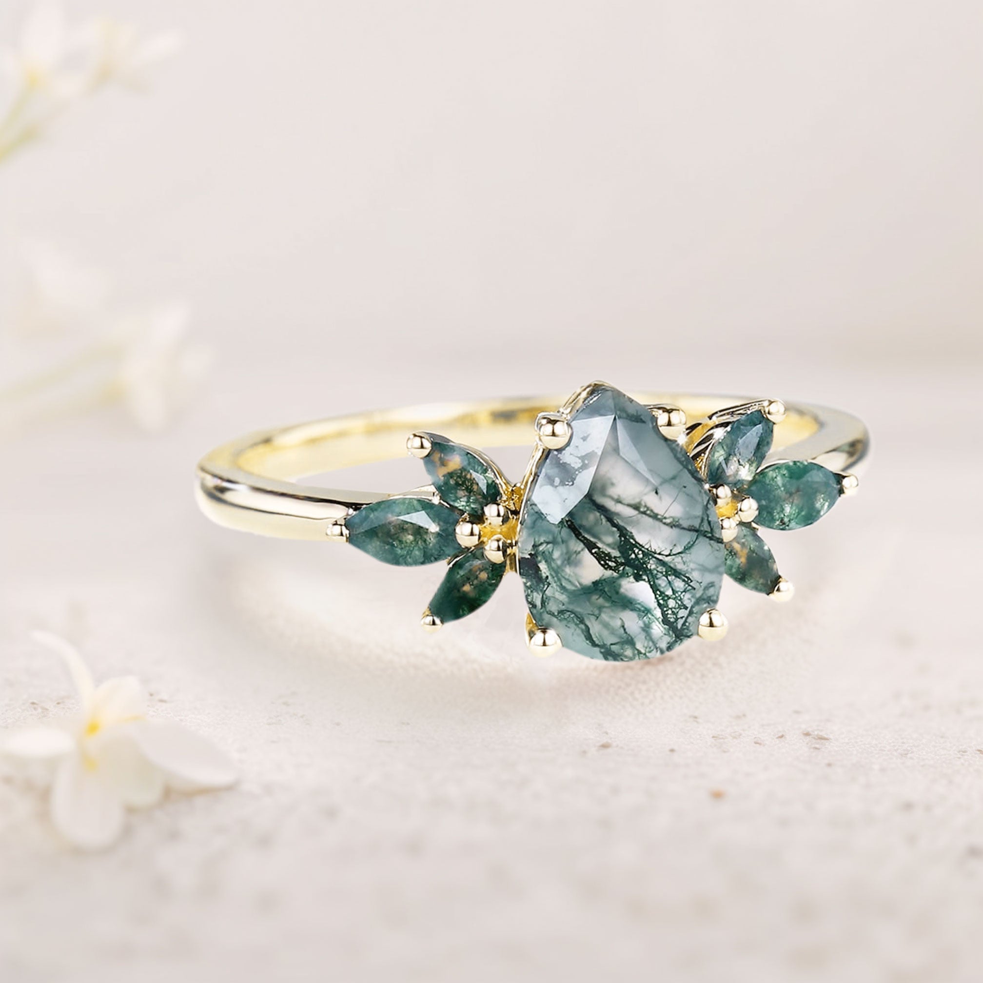 Unique Pear Moss Agate Ring Petal Side Stones 18K Yellow Gold Engagement Ring