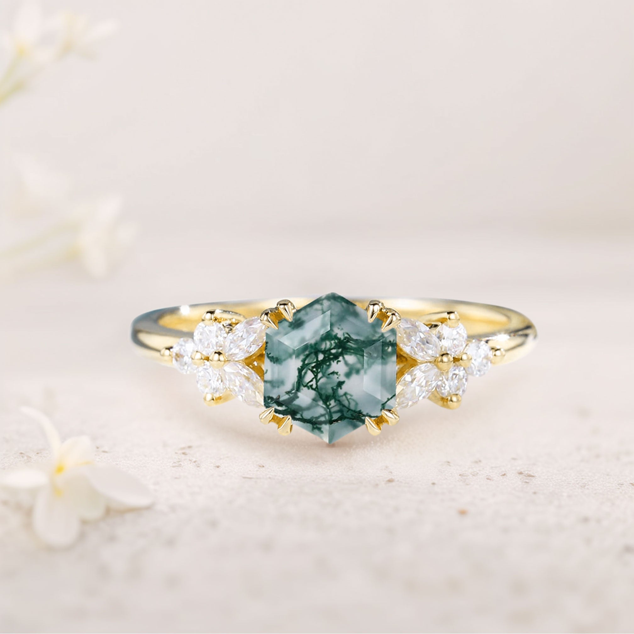 Unique Hexagon Moss Agate Simple 18K Yellow Gold Engagement Ring