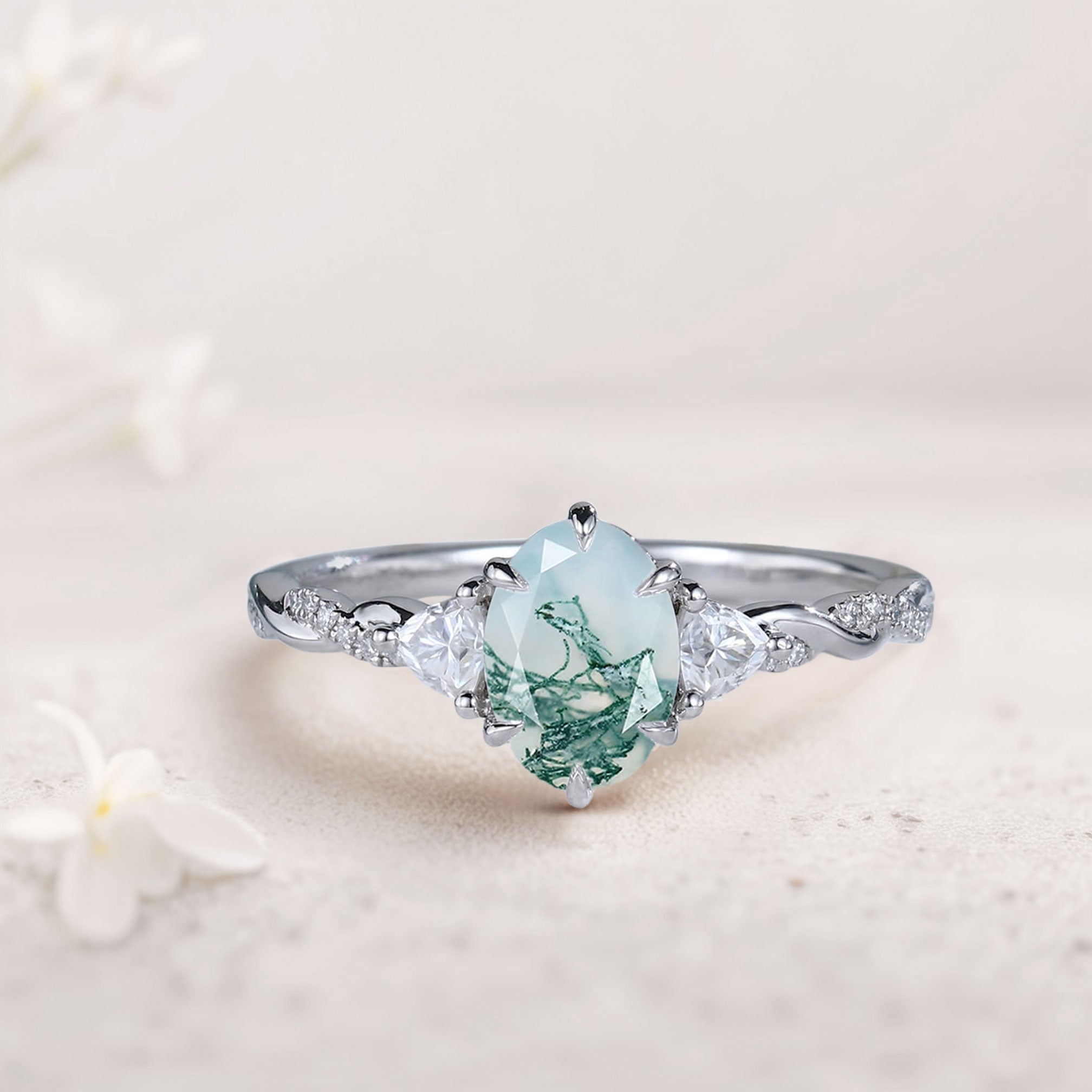 Unique Three Stone Oval Moss Agate Ring 18K White Gold Engagement Ring