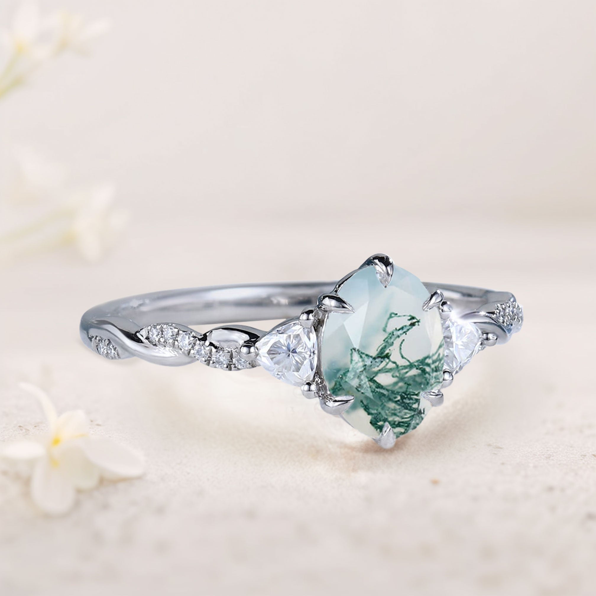 Unique Three Stone Oval Moss Agate Ring 18K White Gold Engagement Ring