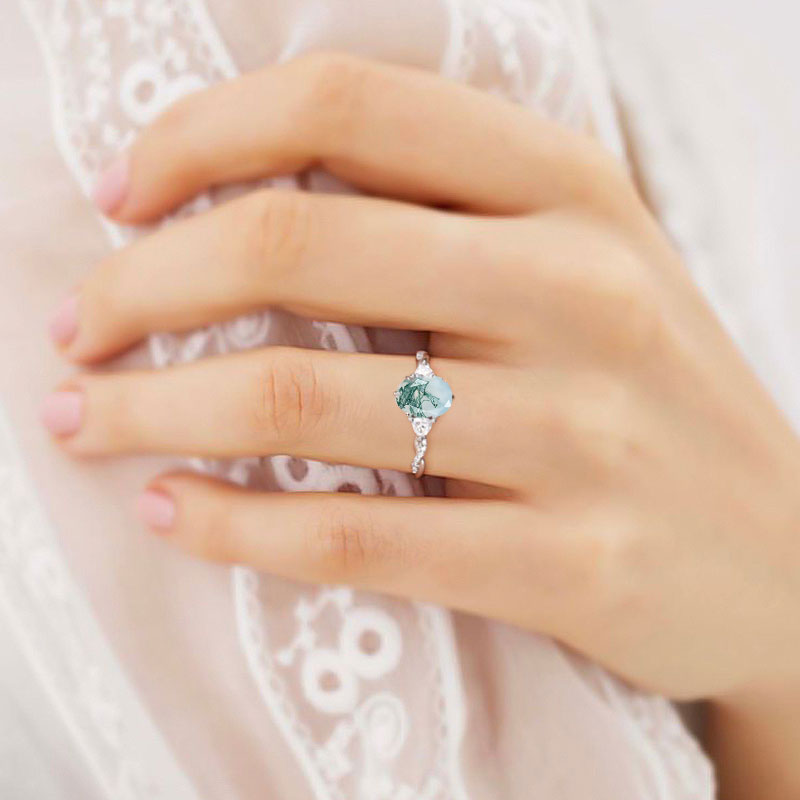 Unique Three Stone Oval Moss Agate Ring 18K White Gold Engagement Ring