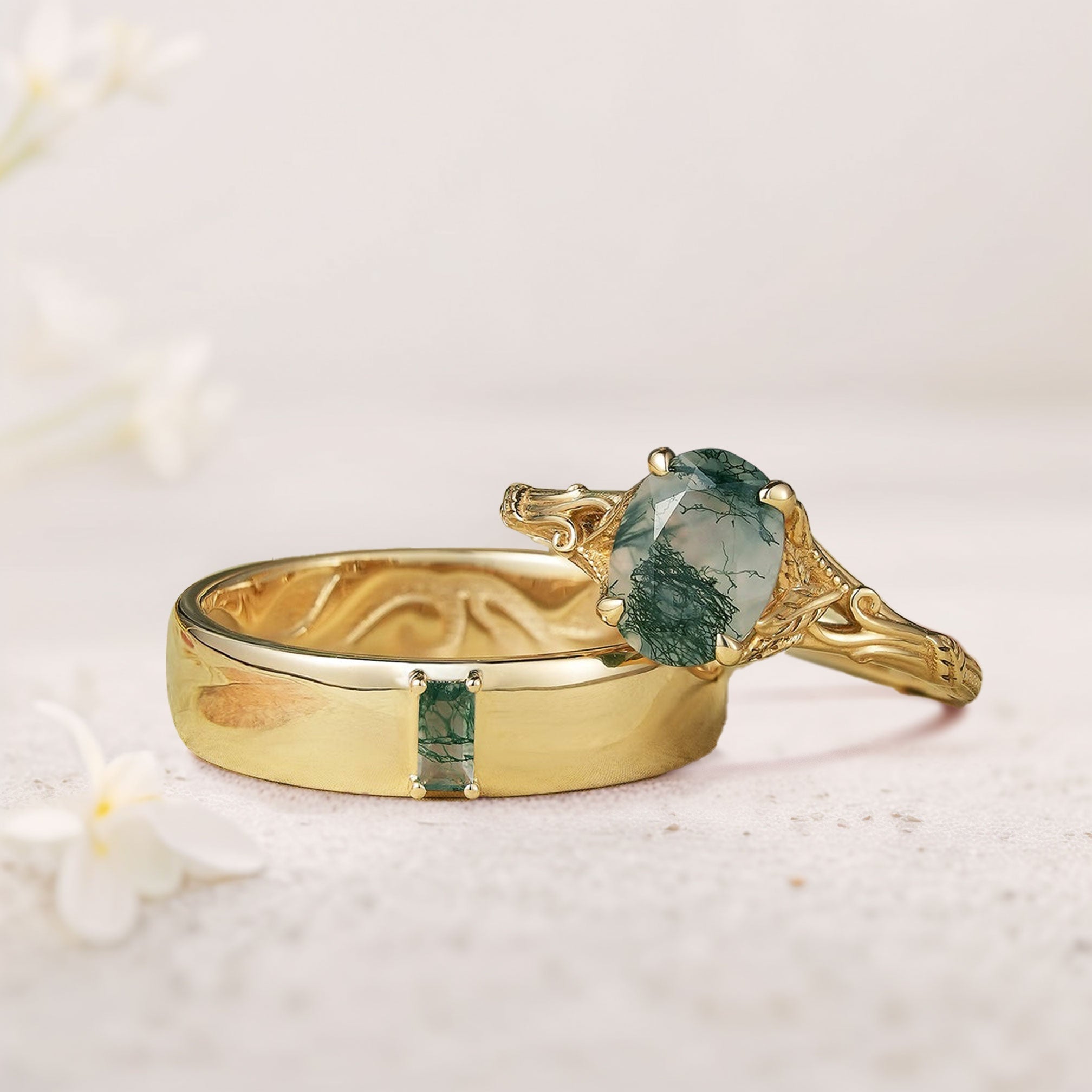 Unique Leaf Design Oval Moss agate 18K Yellow Gold Wedding Ring Promise Ring for Couples