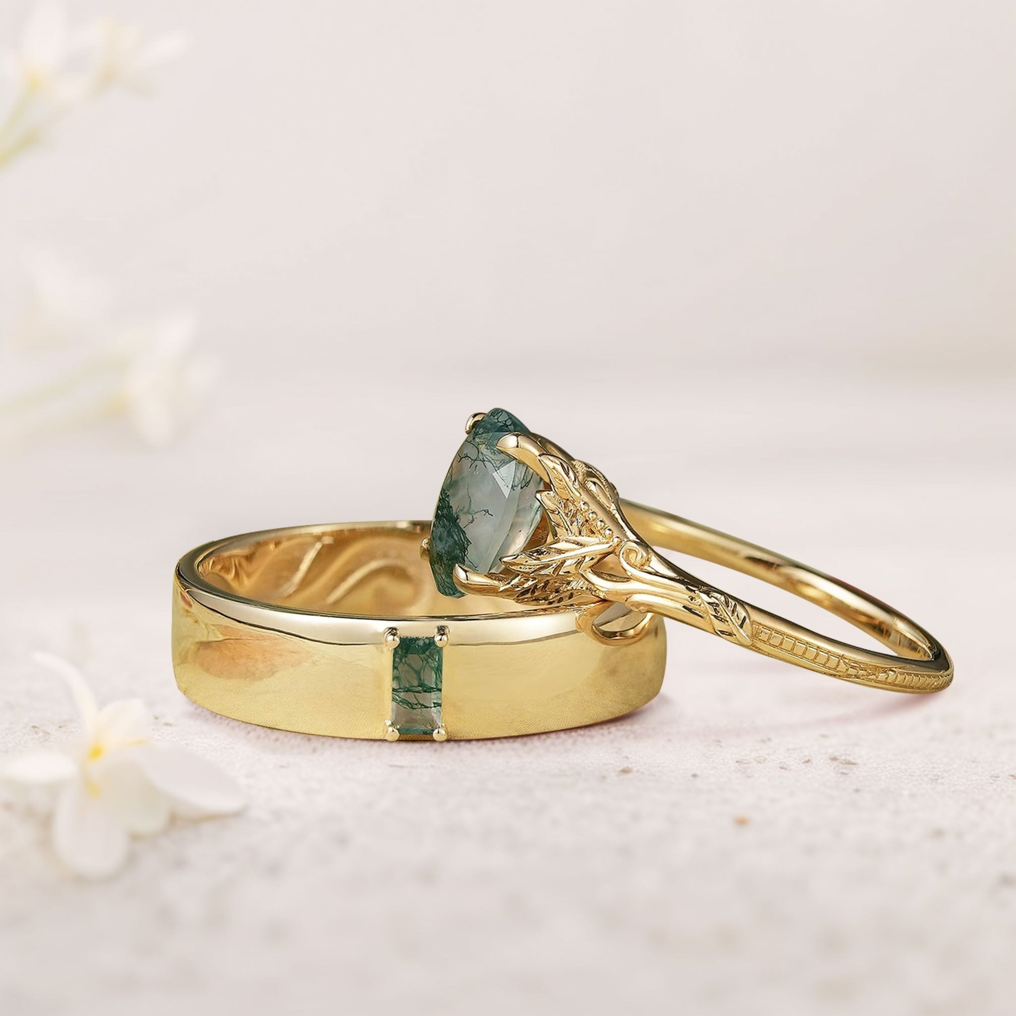 Unique Leaf Design Oval Moss agate 18K Yellow Gold Wedding Ring Promise Ring for Couples
