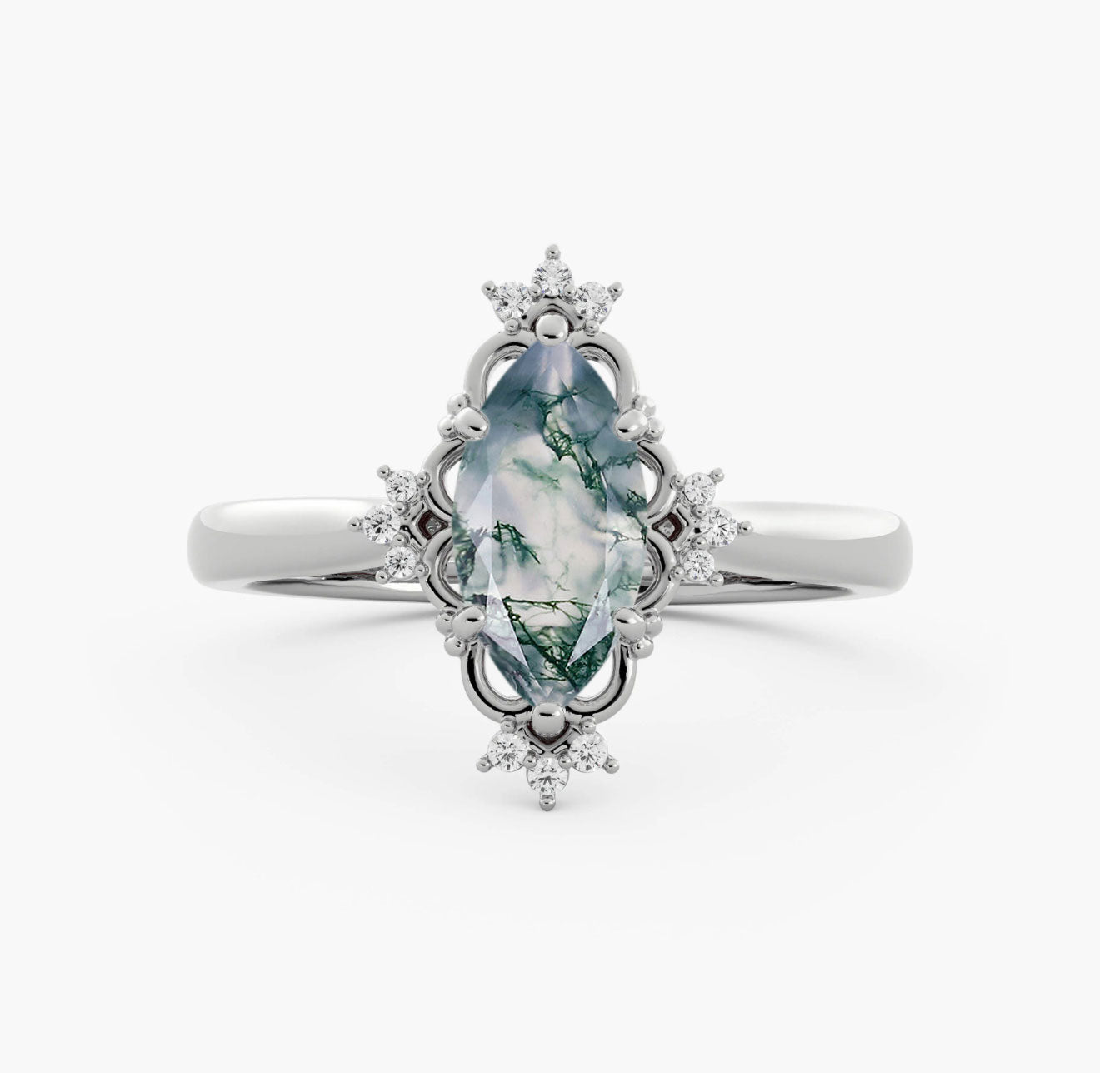 Customize your own Vintage Marquise Moss Agate 18K White Gold Engagement Ring
