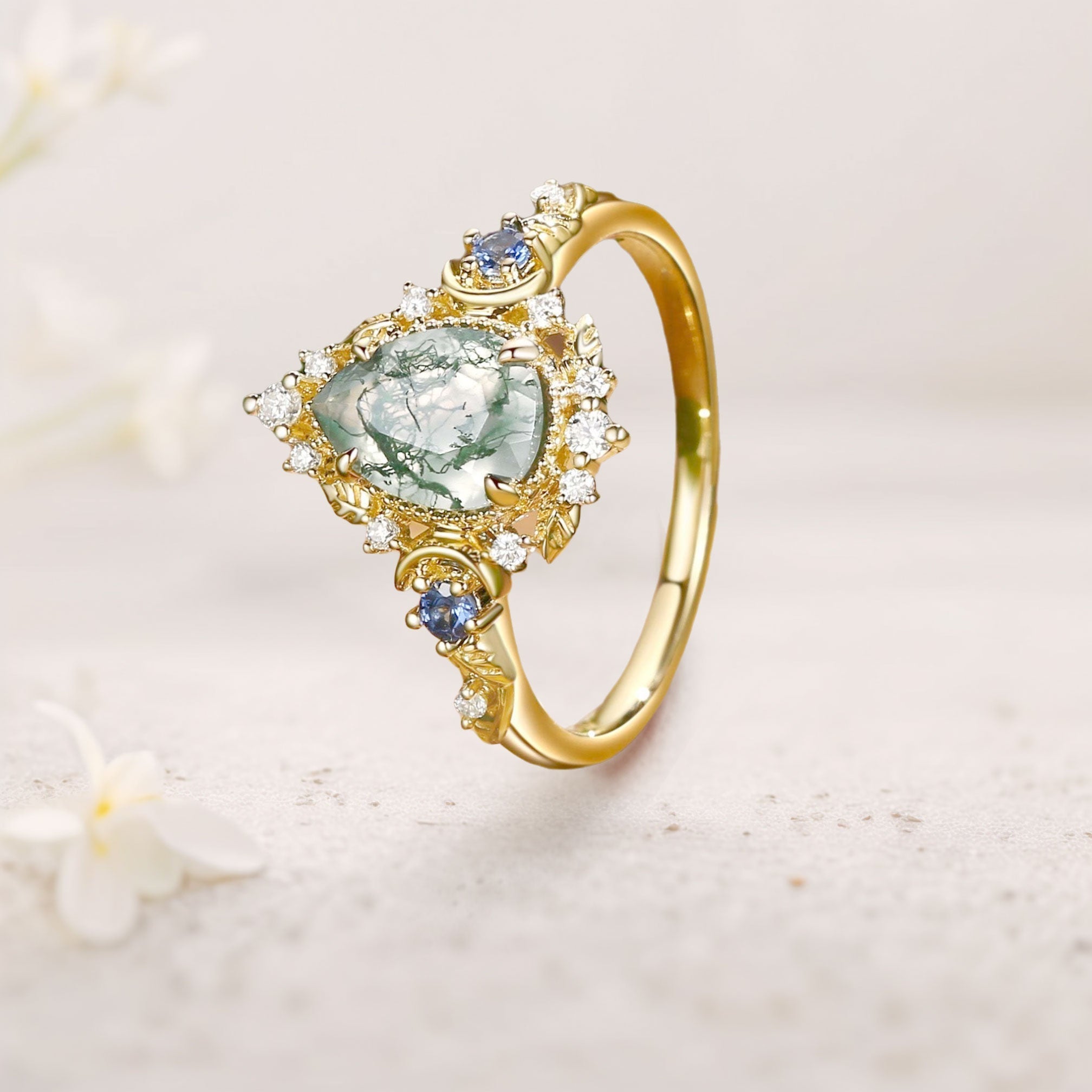 Unique floral engagement rings Moonlight Pear Moss Agate 18K Yellow Gold Engagement Ring