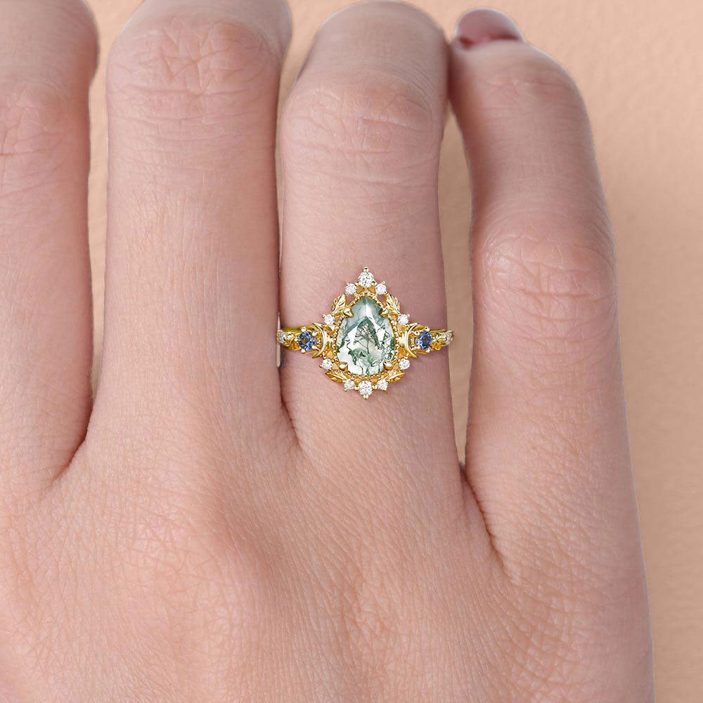 Unique floral engagement rings Moonlight Pear Moss Agate 18K Yellow Gold Engagement Ring