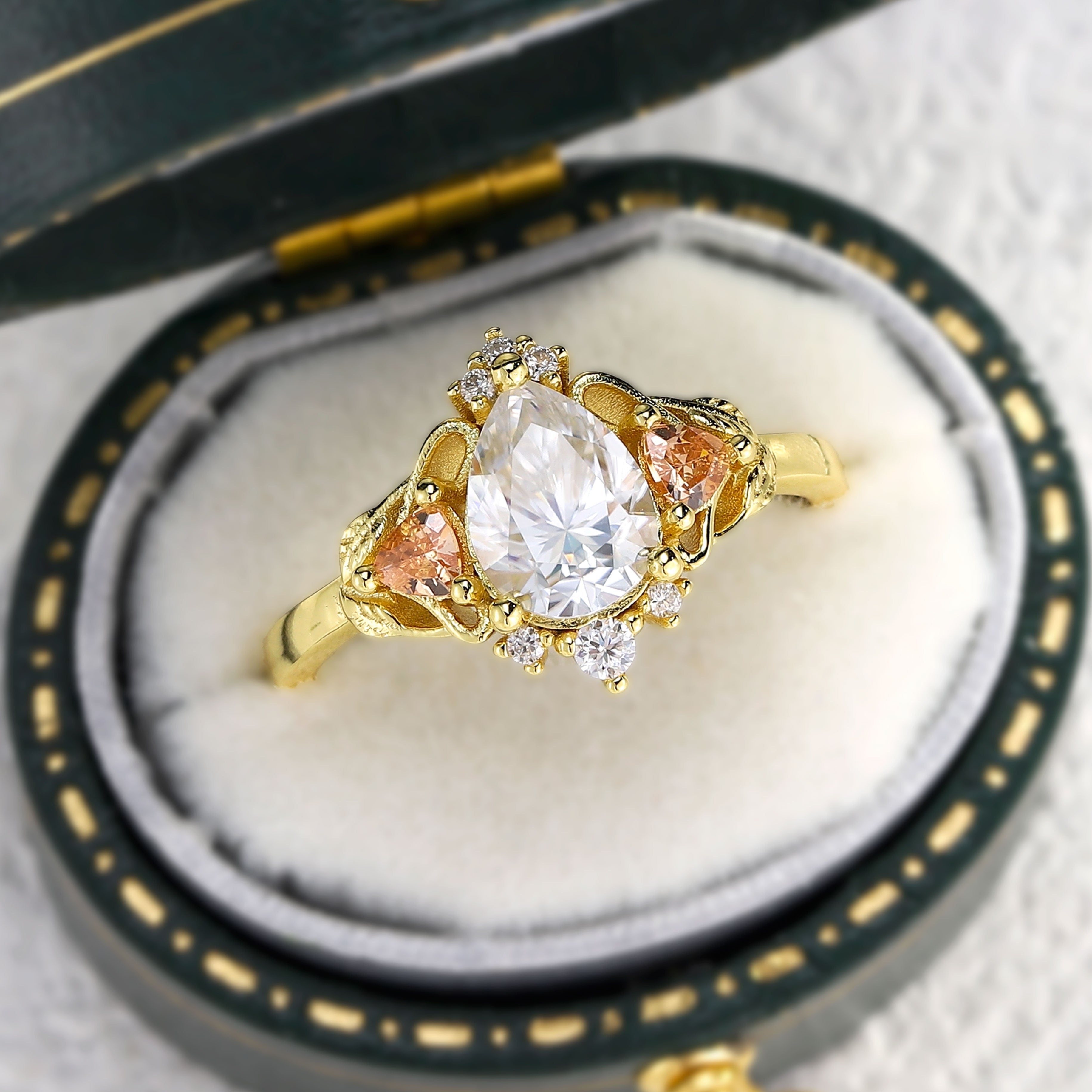 Unique Pear Moissanite Leaf Ring 18K Yellow Gold Engagement Ring