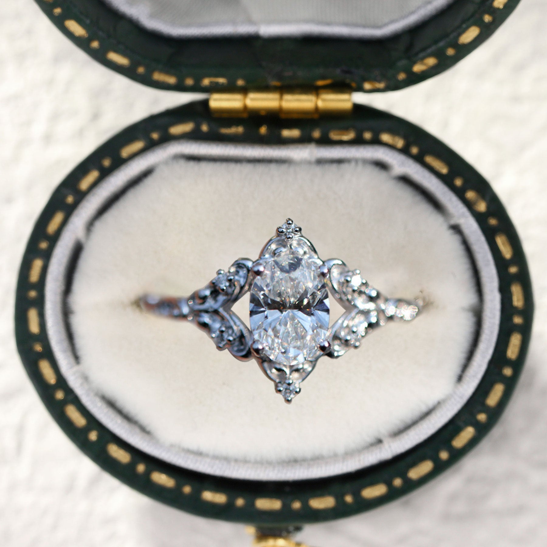 Unique Aurora Three Stone Oval Moissanite 18K White Gold Ring