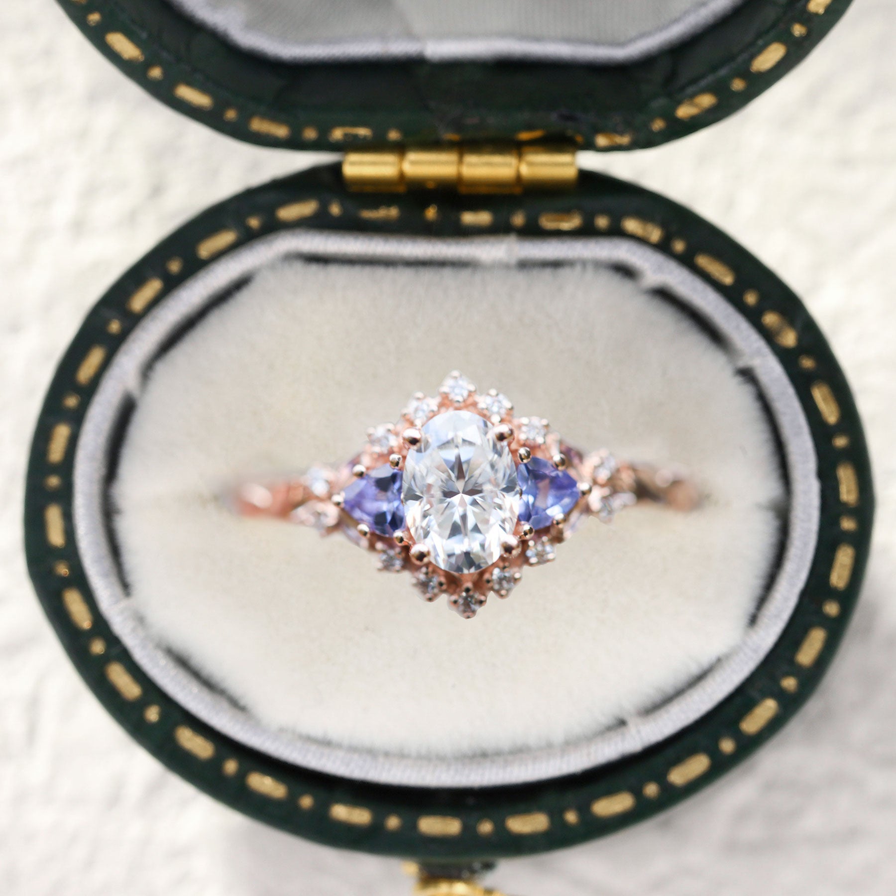 Unique Briar Half Halo Oval Moissanite and Lab Tanzanite 18K Rose Gold Ring