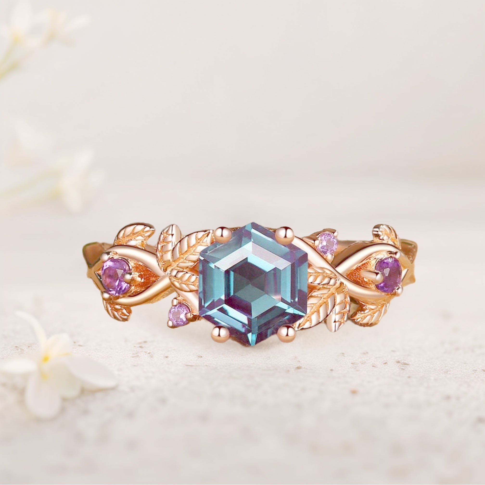 Unique floral engagement rings Hexagon Lab Alexandrite Leafy 18K Yellow Gold Engagement Ring