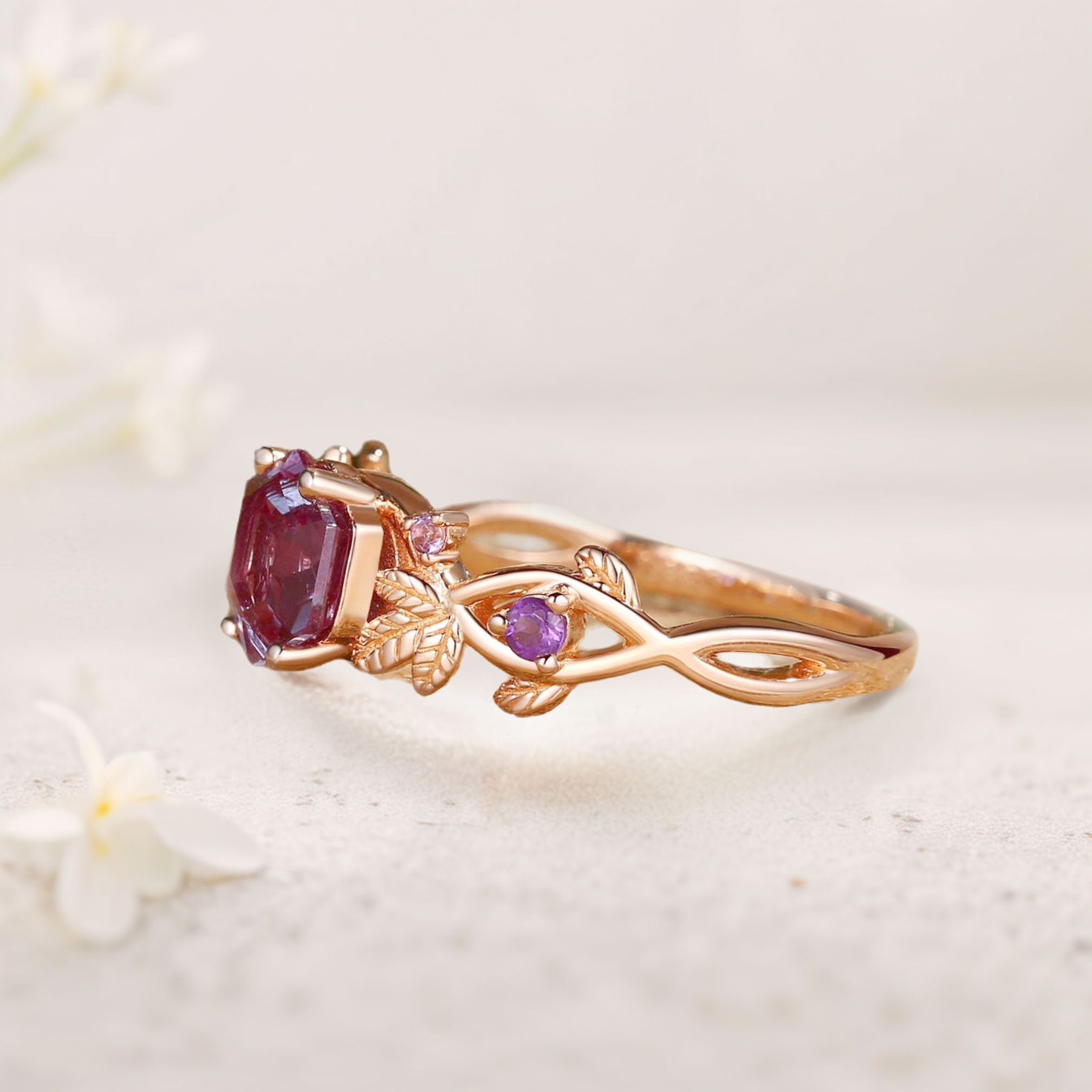 Unique floral engagement rings Hexagon Lab Alexandrite Leafy 18K Yellow Gold Engagement Ring