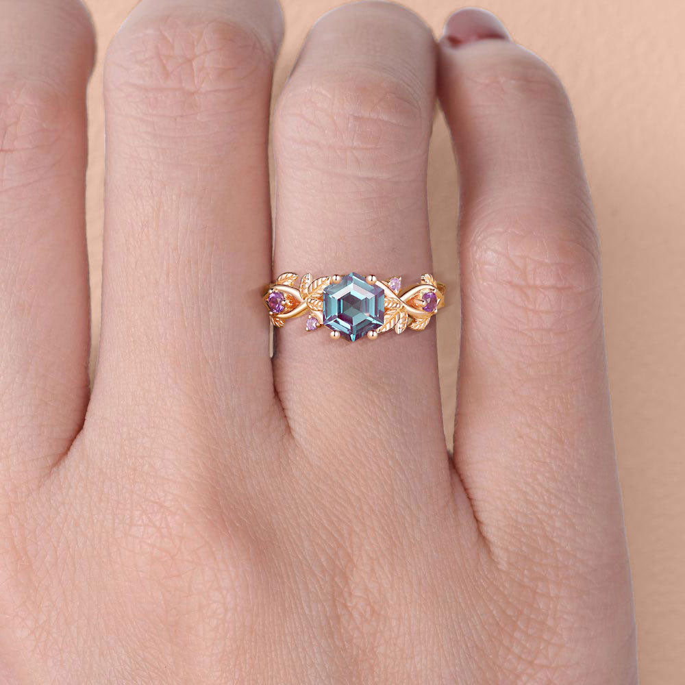 Unique floral engagement rings Hexagon Lab Alexandrite Leafy 18K Yellow Gold Engagement Ring
