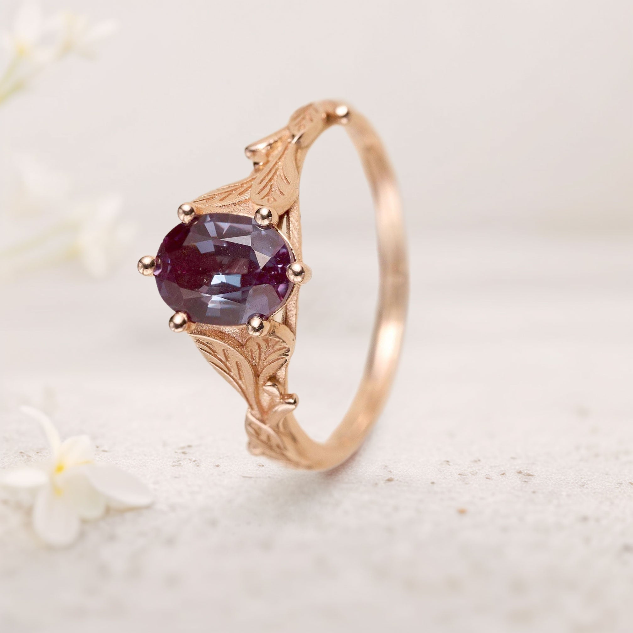 Unique floral engagement rings Oval Lab Alexandrite with Leaves 18K Yellow Gold Engagement Ring