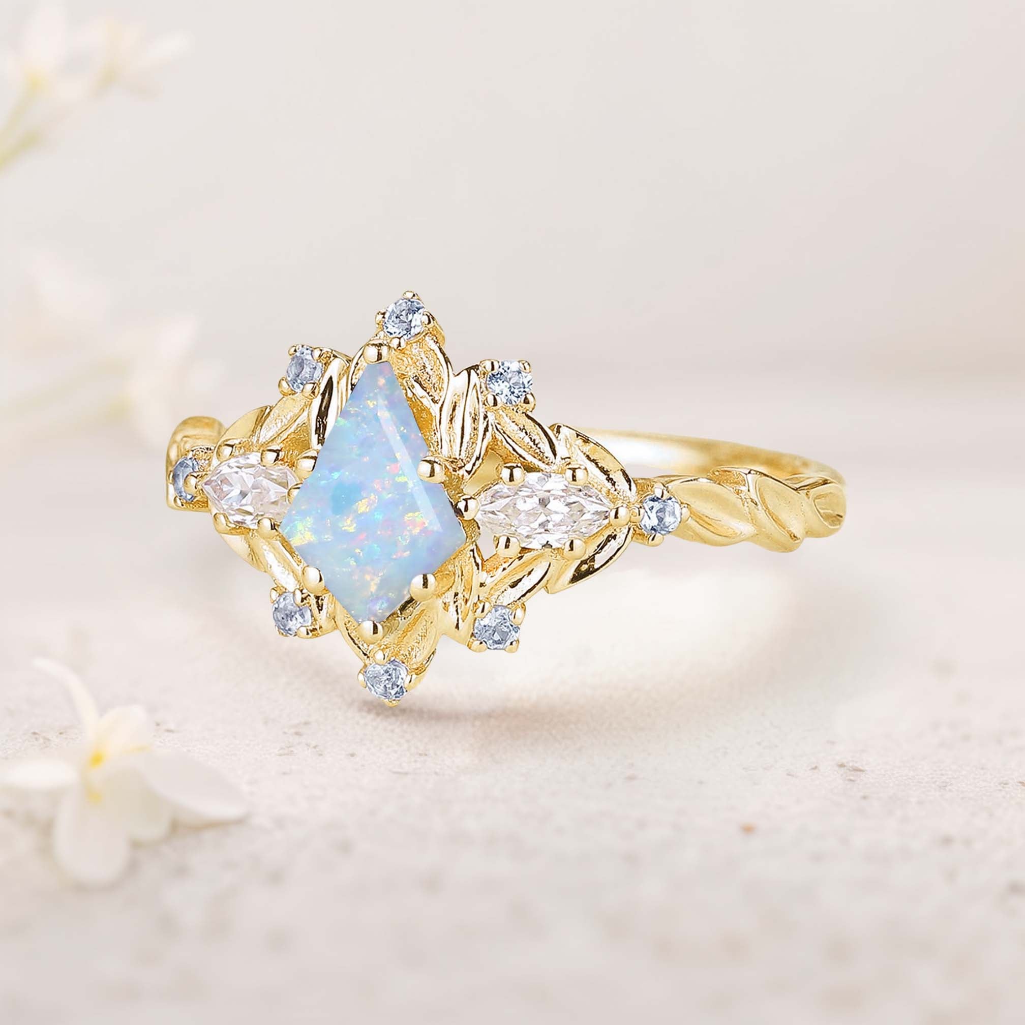 Unique floral engagement rings Kite Lab Opal Engagement Ring Leaf Flower Aquamarine 18K Yellow Gold Wedding Ring