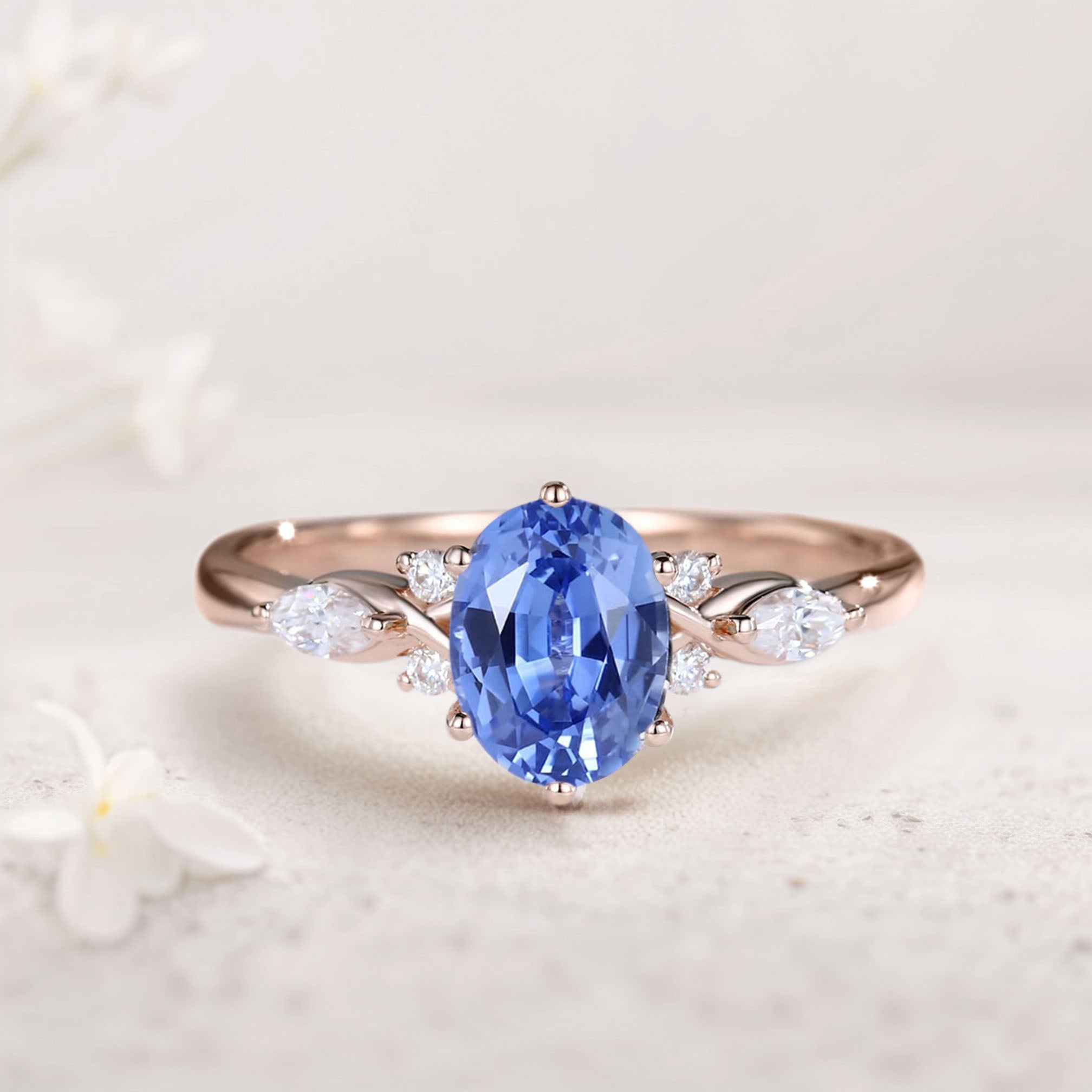 Vintage Oval Lab Sapphire and Moissanite 18K Rose Gold Engagement Ring