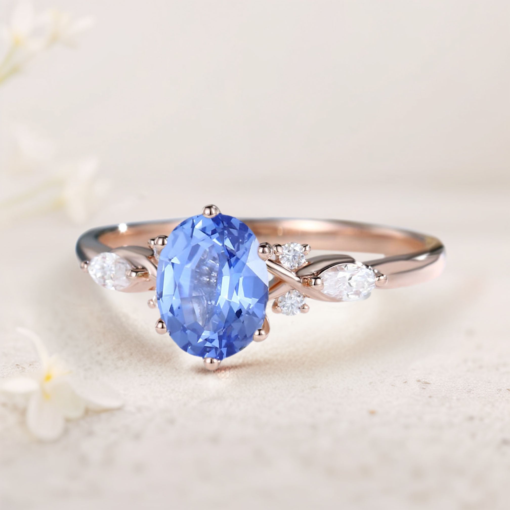 Vintage Oval Lab Sapphire and Moissanite 18K Rose Gold Engagement Ring