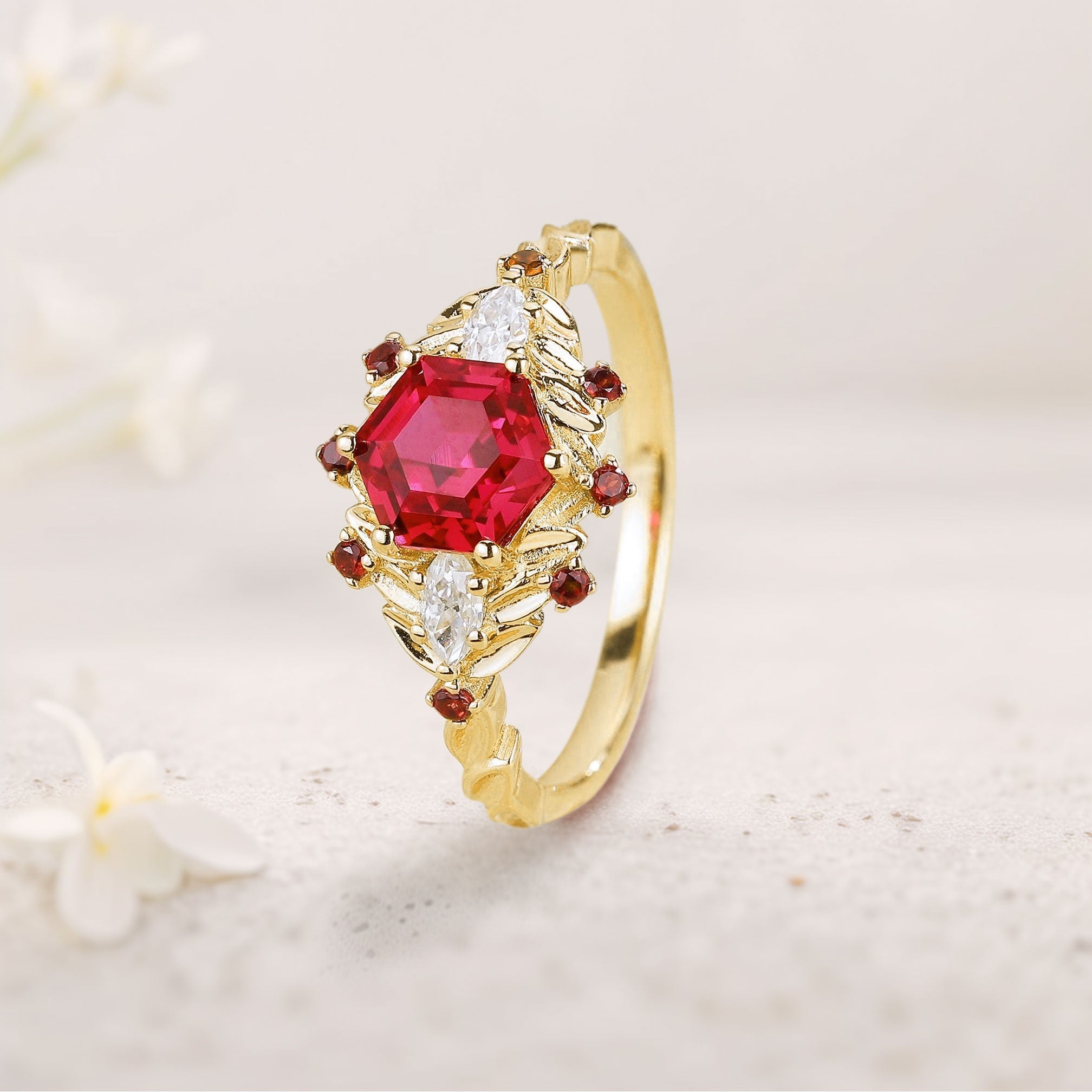 Unique Hexagon Lab Ruby Flower Engagement Ring Halo Leaf 18K Yellow Gold Wedding Ring For Women