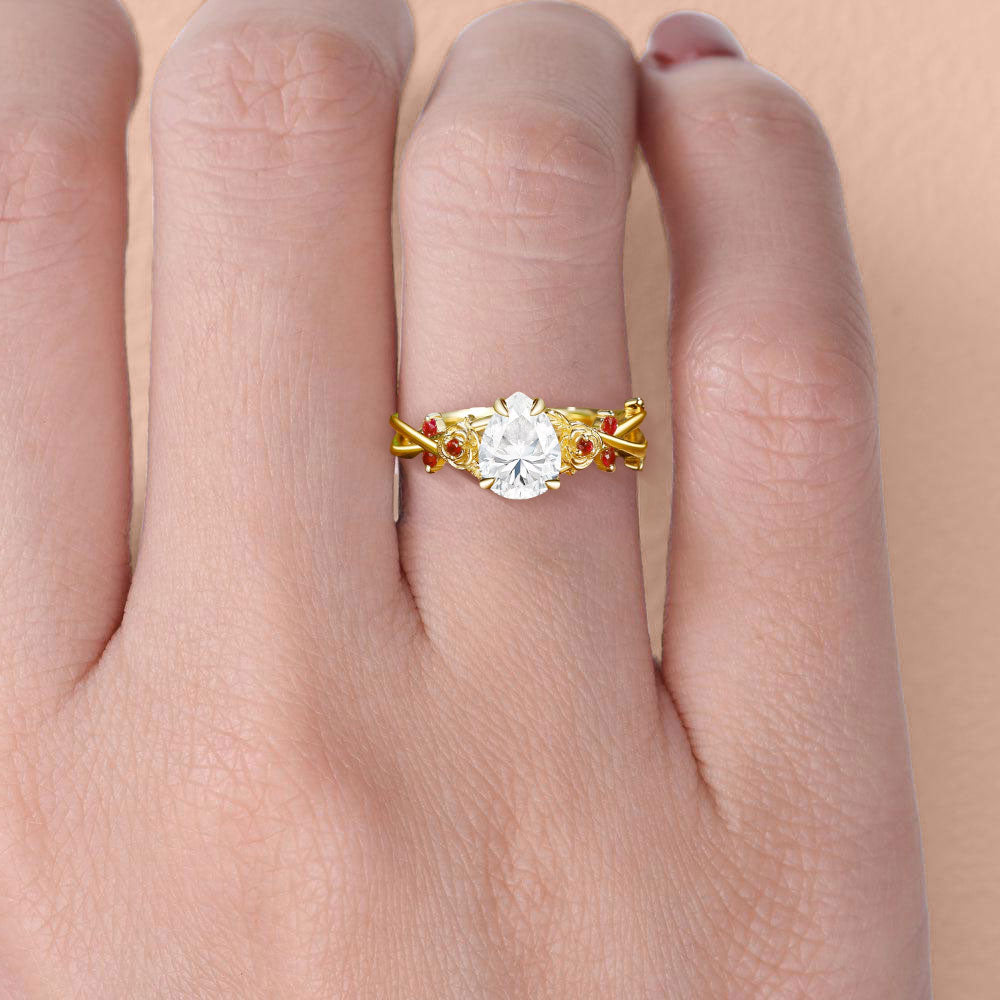 Unique floral engagement rings Pear Moissanite Rose Flower Inspired 18K Yellow Gold Engagement Ring
