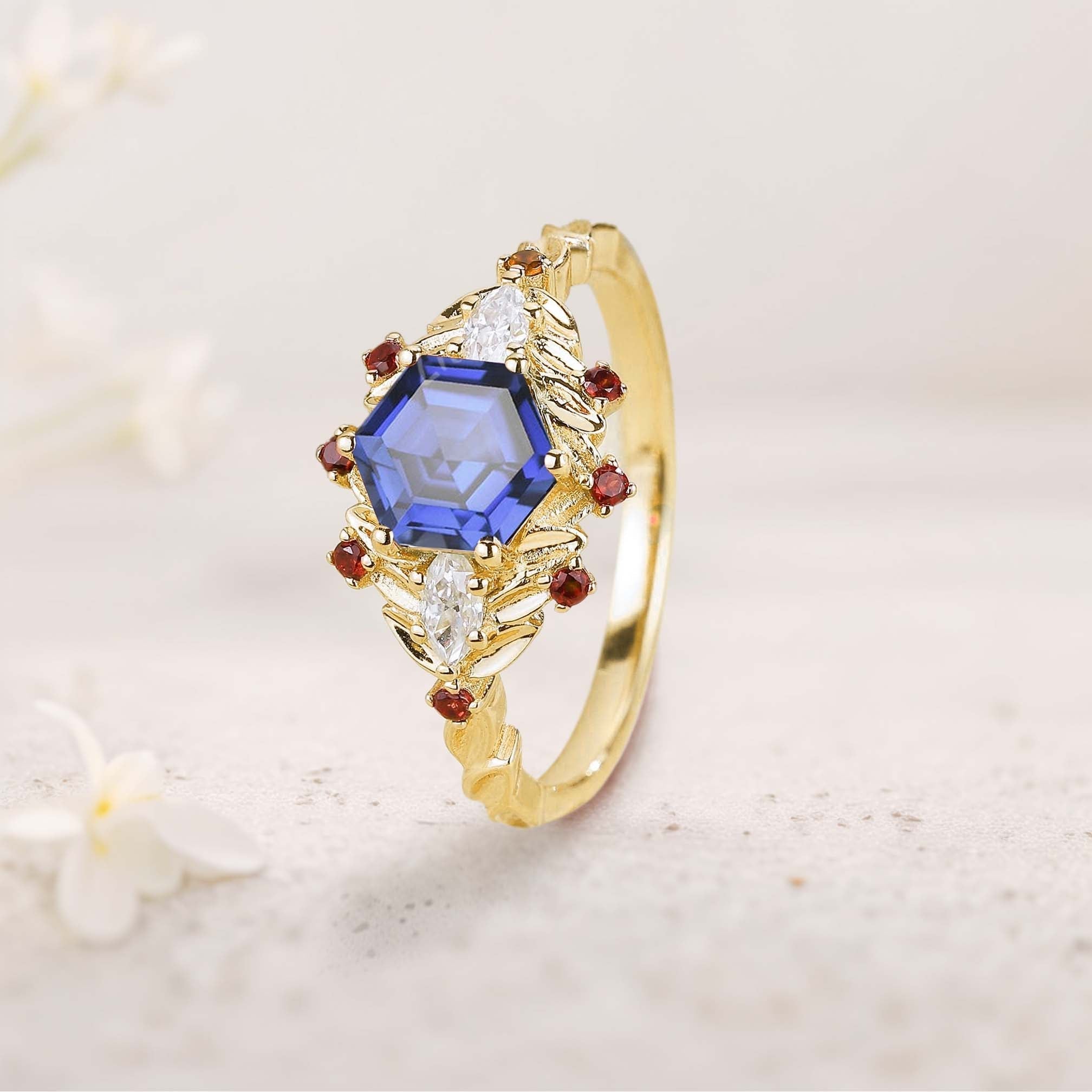 Unique Hexagon Lab Sapphire Flower 18K Yellow Gold Engagement Ring Halo Leaf Wedding Ring For Women