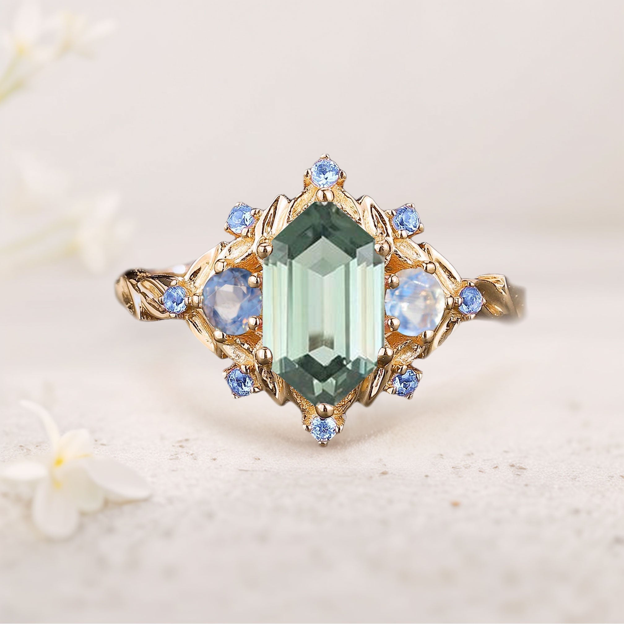 Unique floral engagement rings Three Stone Hexagon Green Lab Sapphire 18K Yellow Gold Engagement Ring