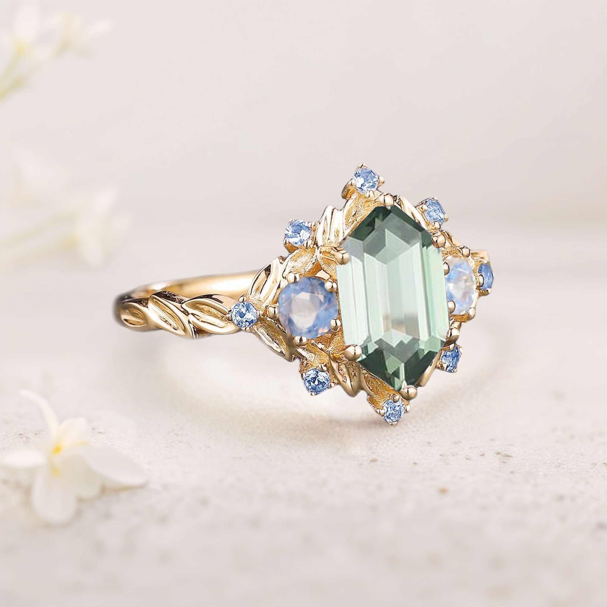 Unique floral engagement rings Three Stone Hexagon Green Lab Sapphire 18K Yellow Gold Engagement Ring