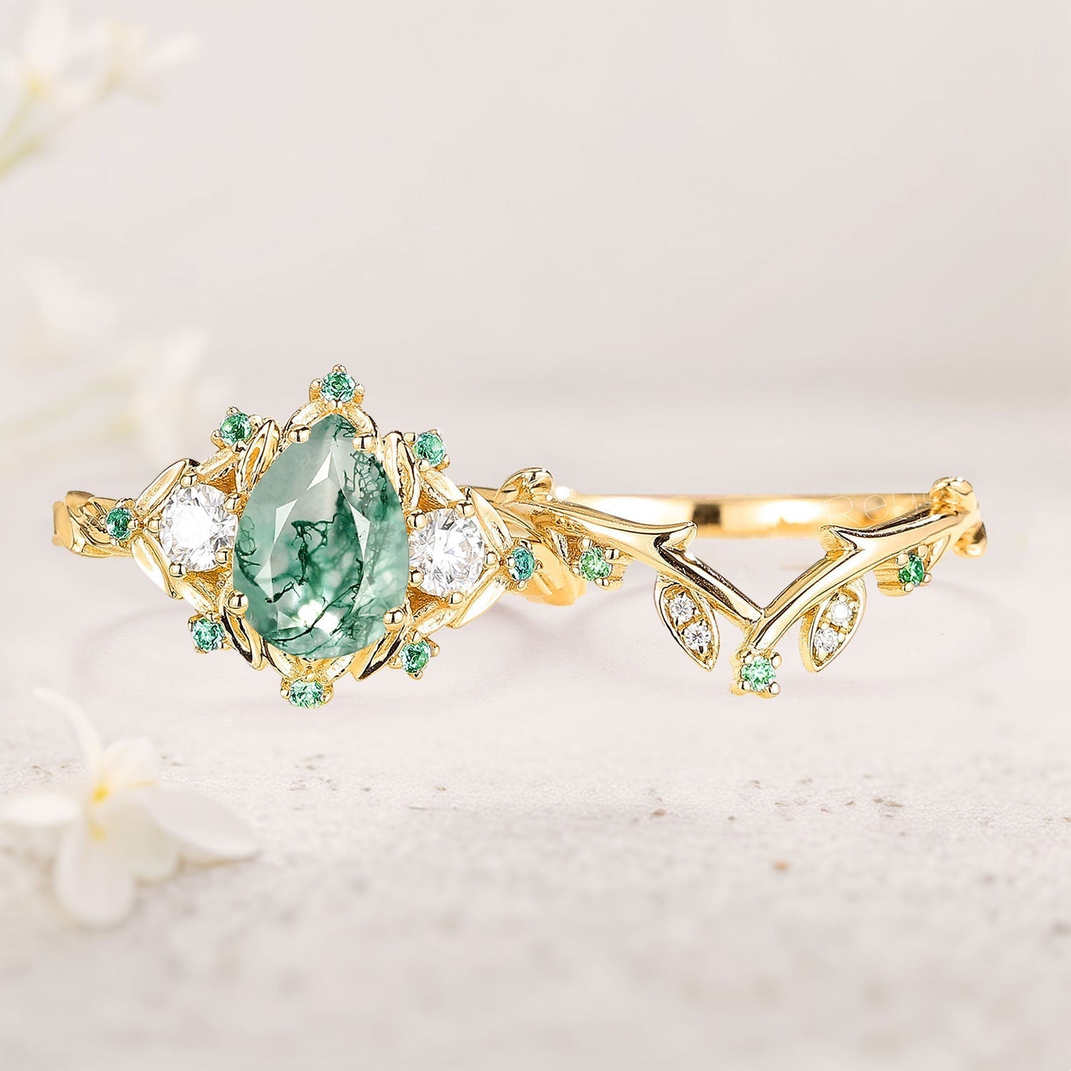 Unique Moss Agate Wedding Ring Set Twig Engagement Ring Leaf 18K Yellow Gold Promise ring Set