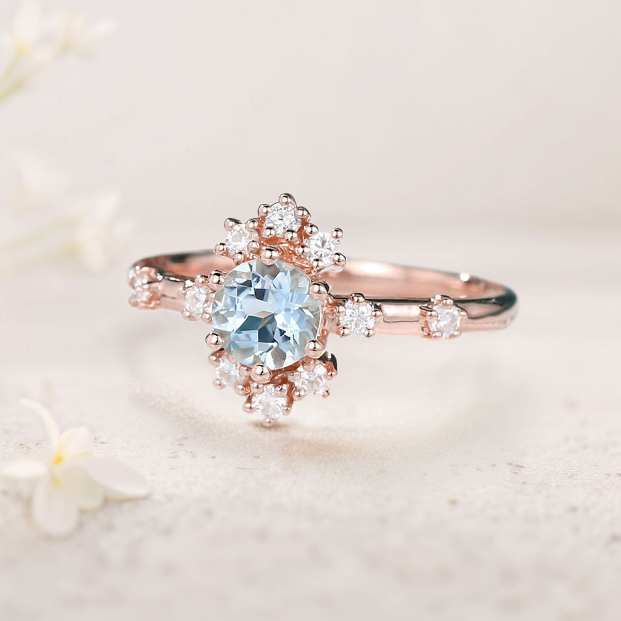 Unique Round Lab Aquamarine 18K Rose Gold Promise Ring For Women