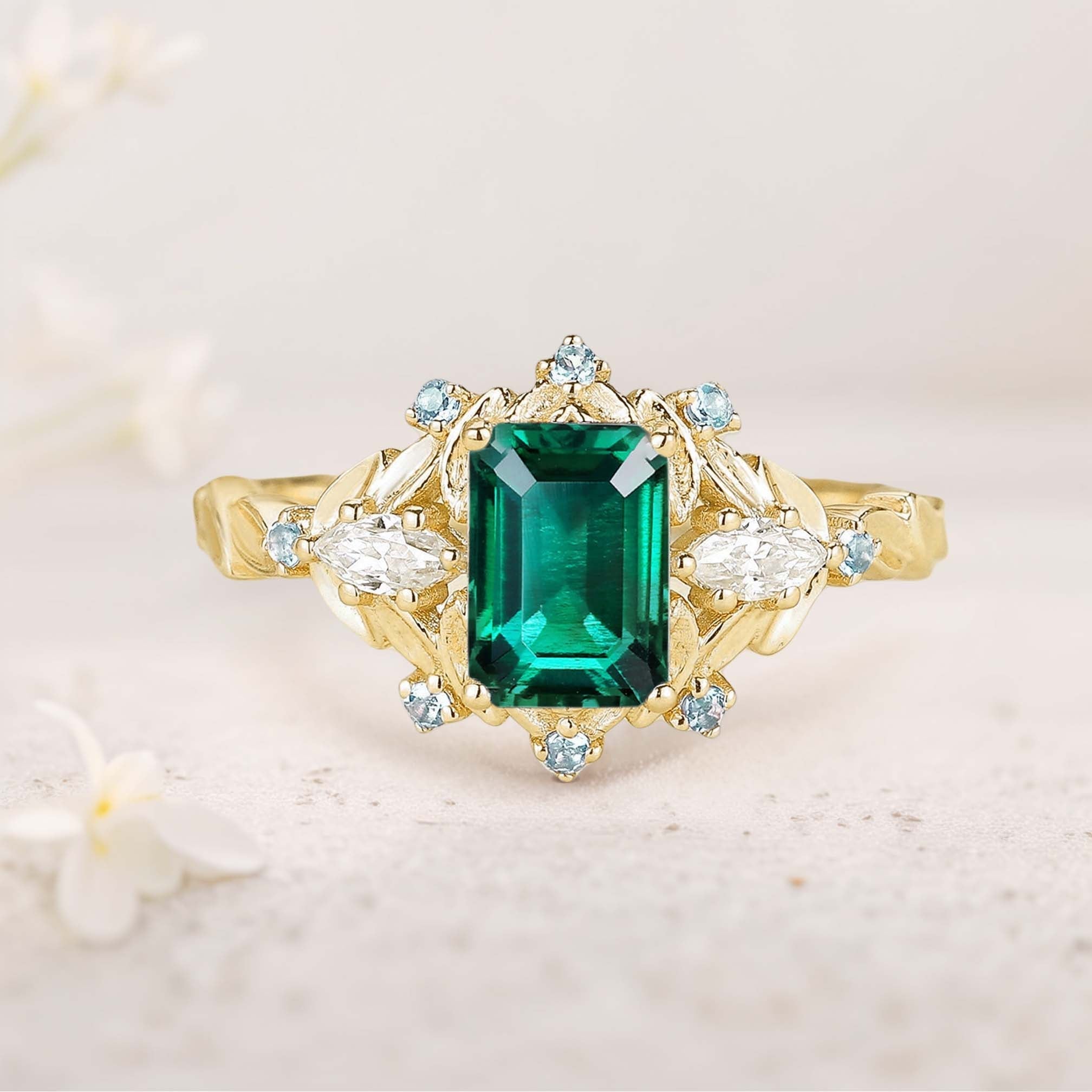 Unique Lab Emerald Flower Engagement Ring Halo Leaf 18K Yellow Gold Wedding Ring