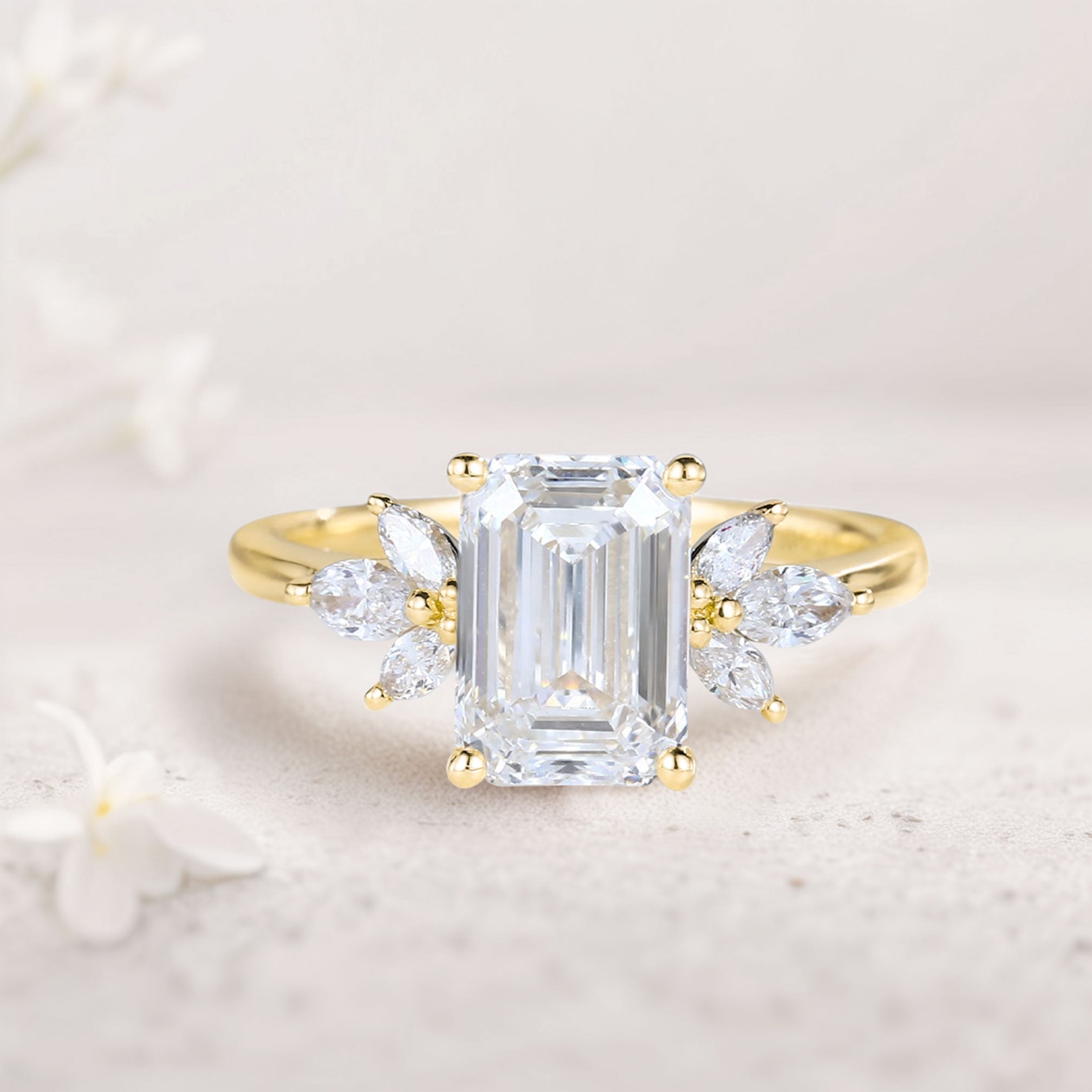 Vintage Emerald Cut Moissanite 18K Yellow Gold Engagement Ring Bridal Ring