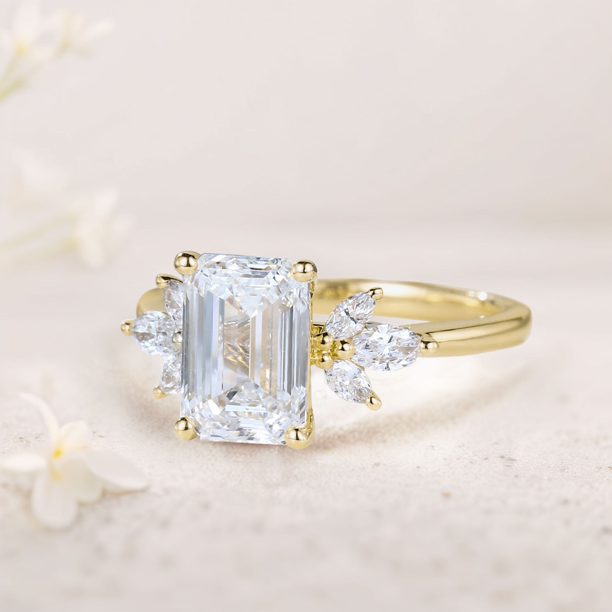 Vintage Emerald Cut Moissanite 18K Yellow Gold Engagement Ring Bridal Ring