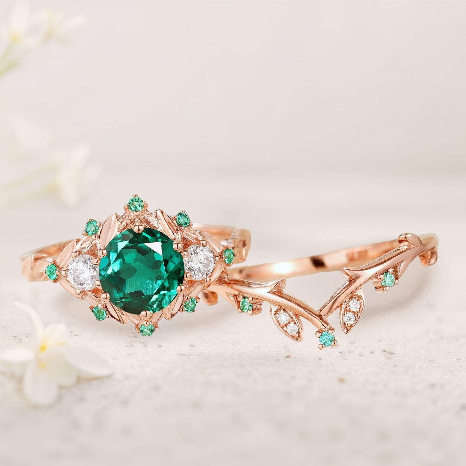 Vintage Round Lab Emerald Engagement Ring Set for women Leaf 18K Yellow Gold Wedding Ring Set