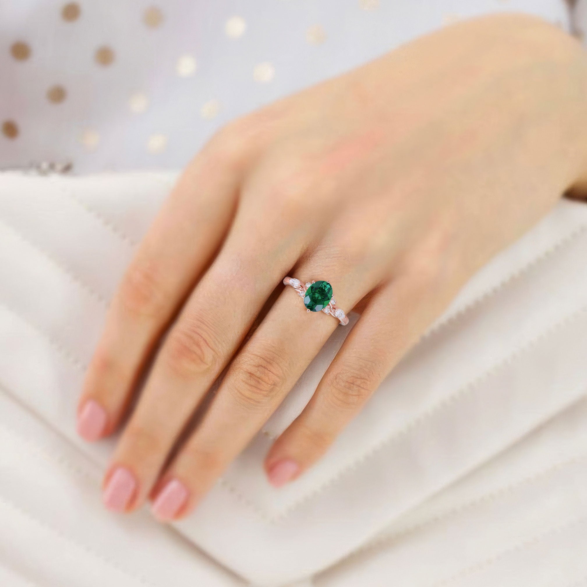 Unique Oval Lab Emerald Split Shank 18K Rose Gold Engagement Ring
